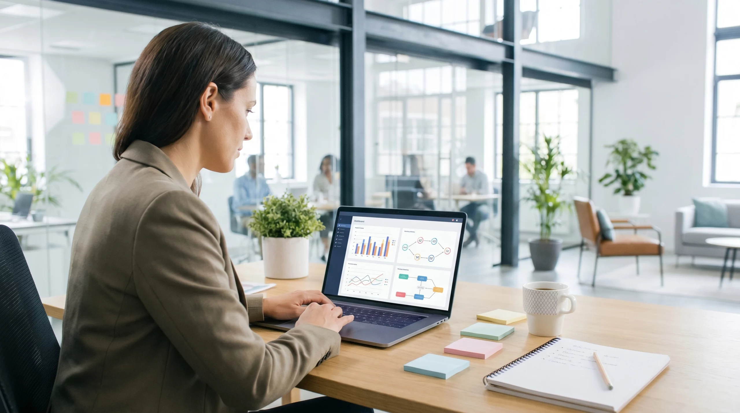 Business professional reviewing a custom software solution dashboard on a laptop in a modern office
