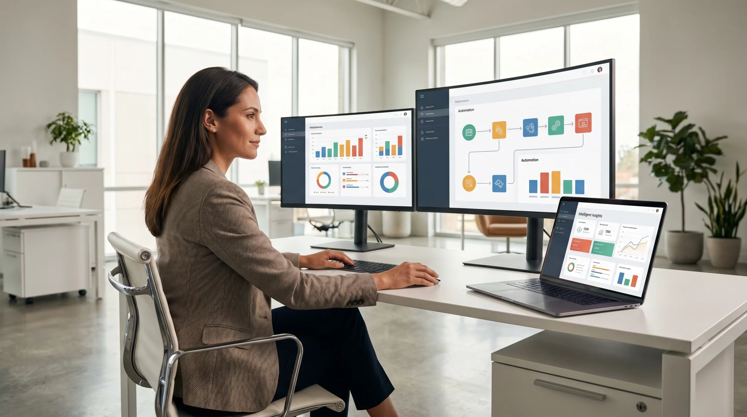 Business professional using AI analytics dashboard for data-driven decision making
