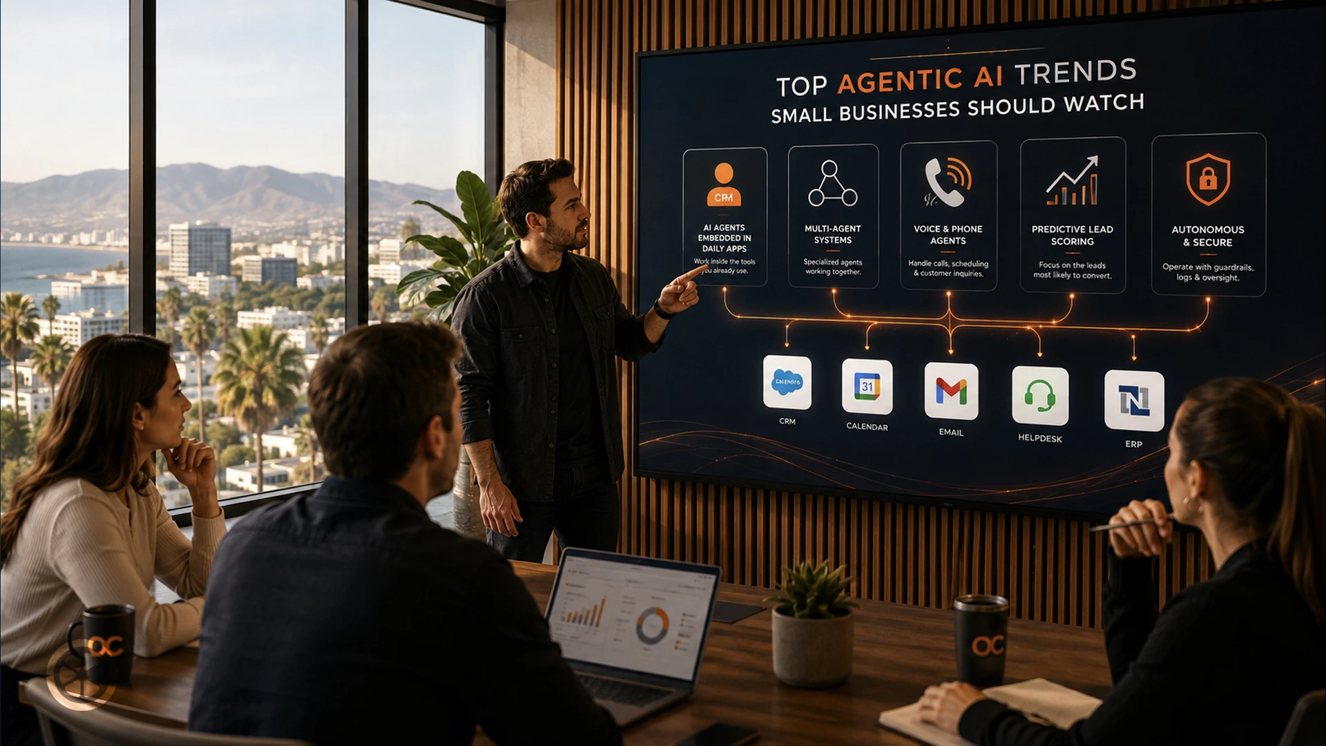 A modern Orange County small business team reviewing a large screen with automated workflow steps and connected app icons like CRM, calendar, and e...