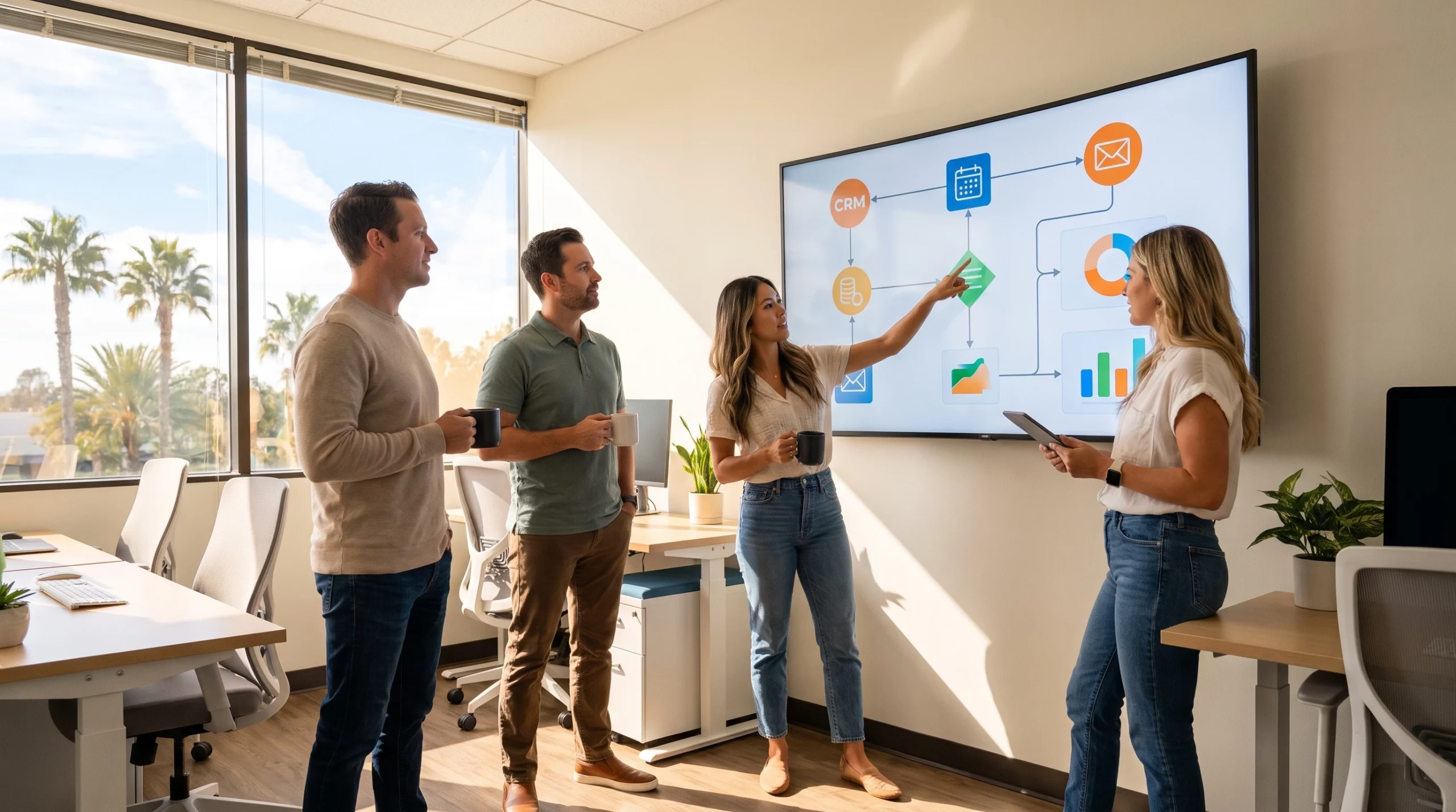A modern Orange County small business team reviewing a large screen with automated workflow steps and connected app icons like CRM, calendar, and e...