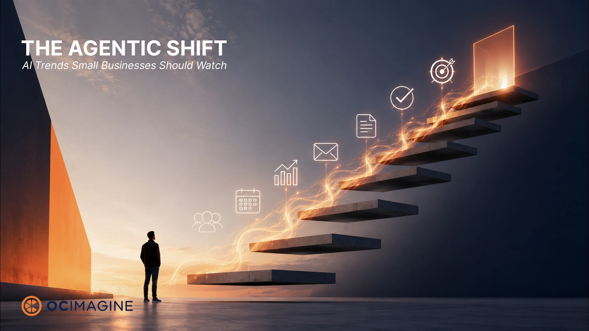 A small business owner in a bright modern Irvine office watching a laptop dashboard where autonomous digital workflow icons move between apps, warm...