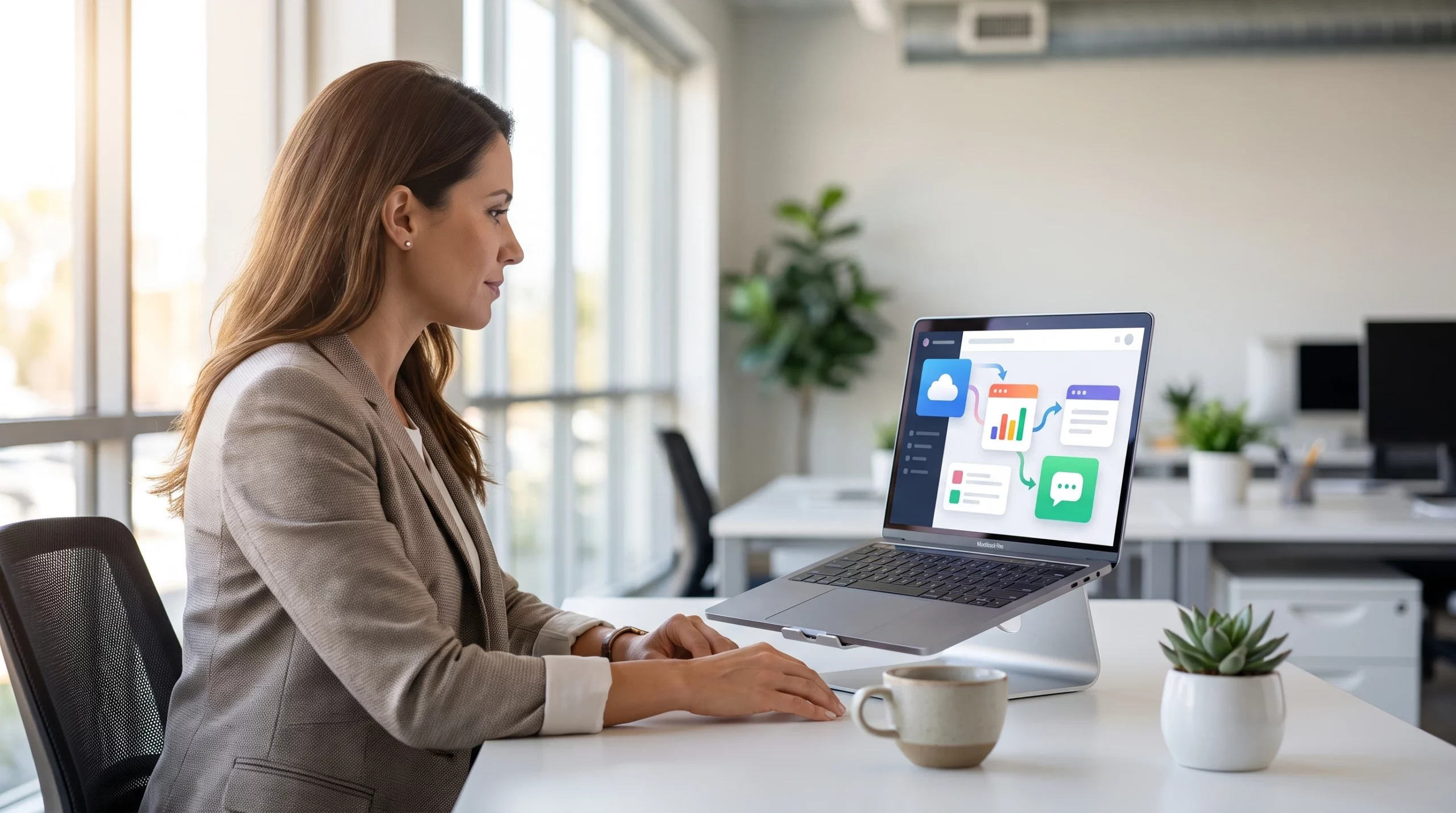 A small business owner in a bright modern Irvine office watching a laptop dashboard where autonomous digital workflow icons move between apps, warm...