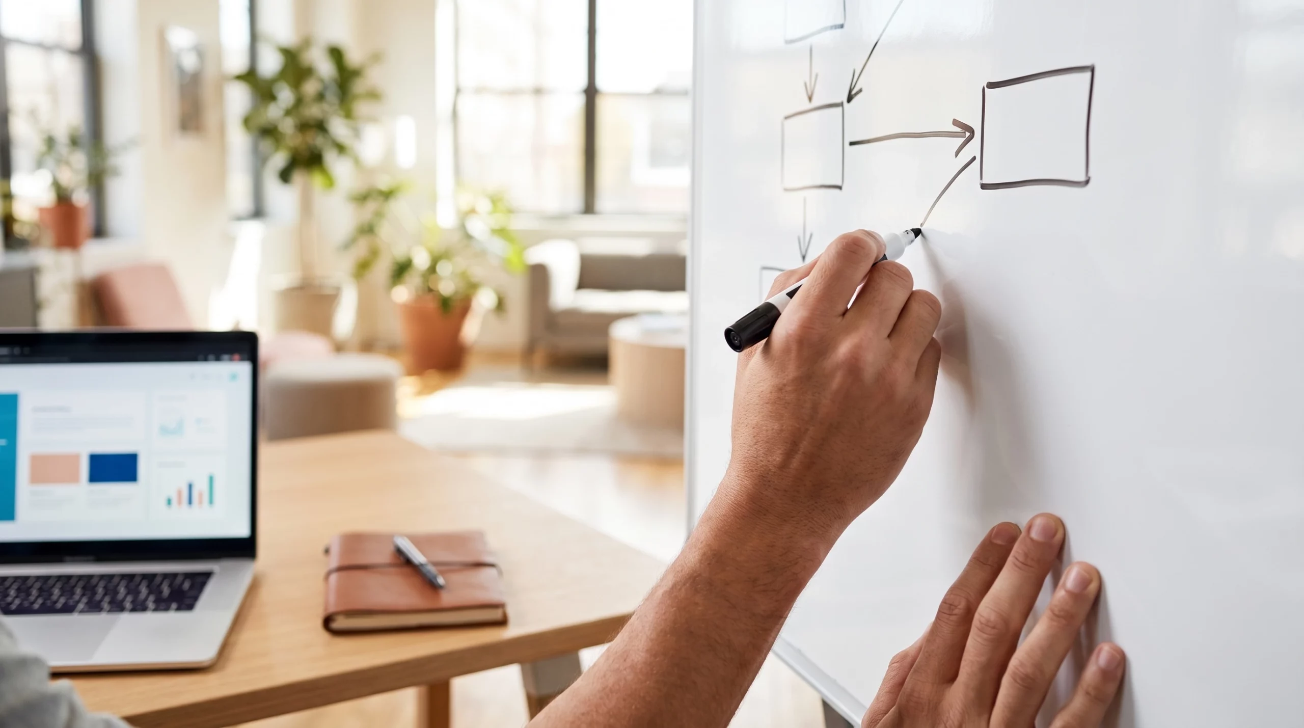 Close-up of hands sketching a simple roadmap with numbered steps on a whiteboard in a bright consulting office, laptop and notebook nearby, warm co...