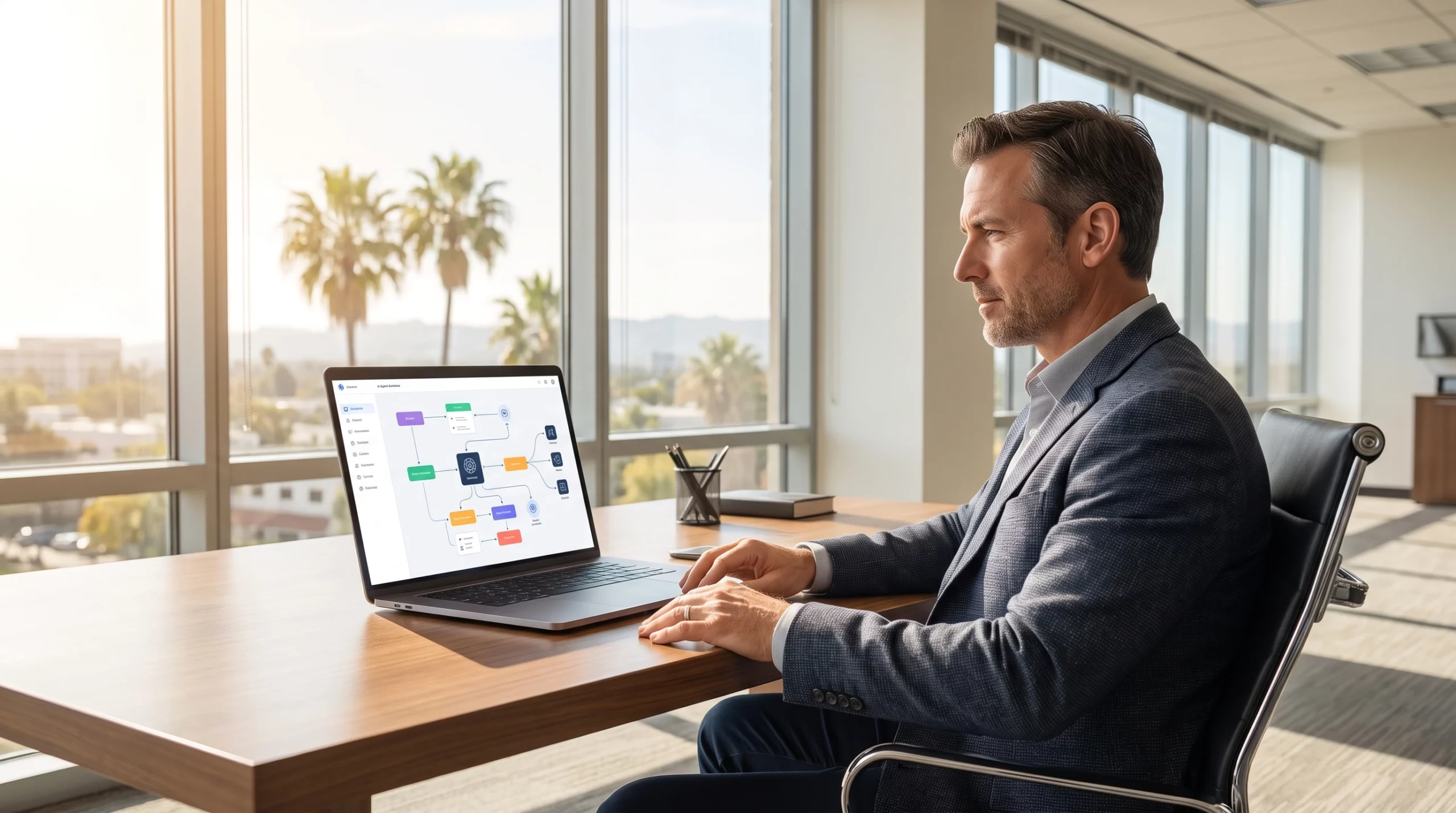 small business owner comparing AI agents vs chatbots on laptop dashboard