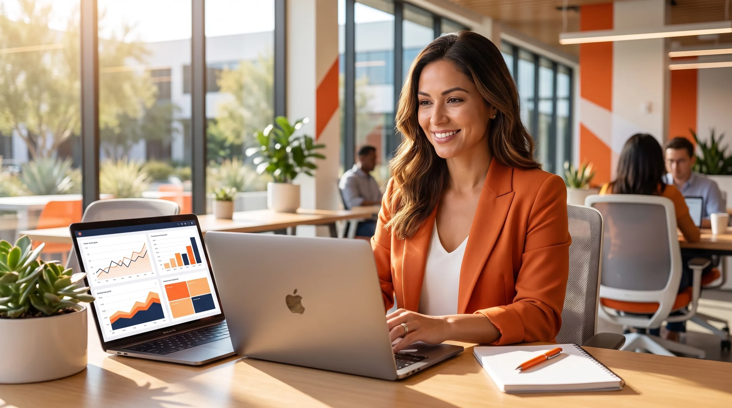 Small business owner using AI automation tools in Irvine Orange County office