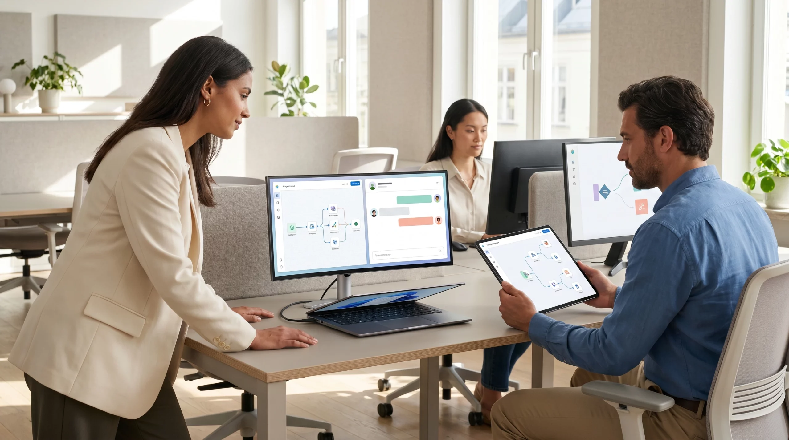 Business professionals using AI chatbots and AI agents in Orange County office