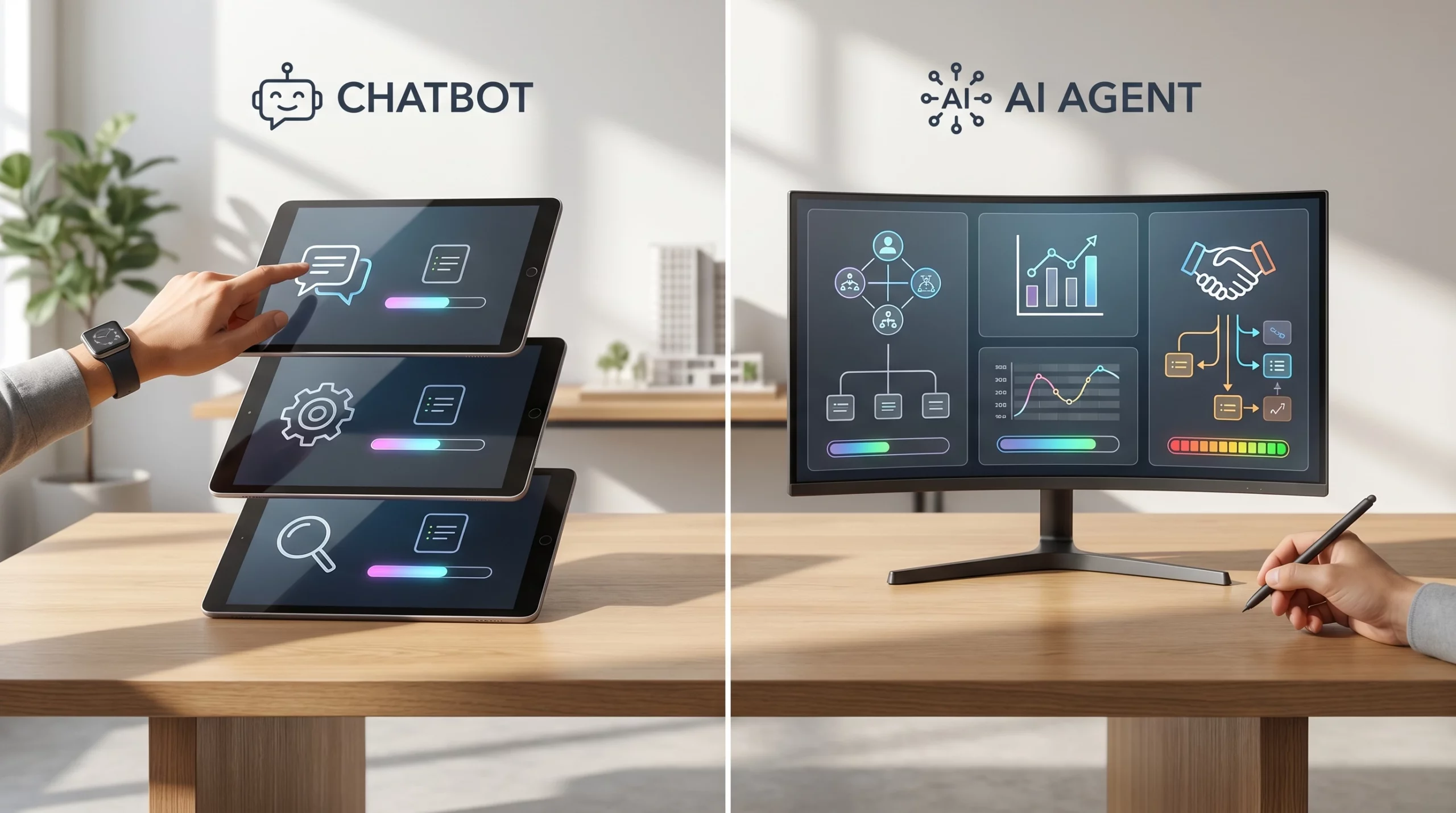 Comparison chart of AI chatbot vs AI agent features for small businesses