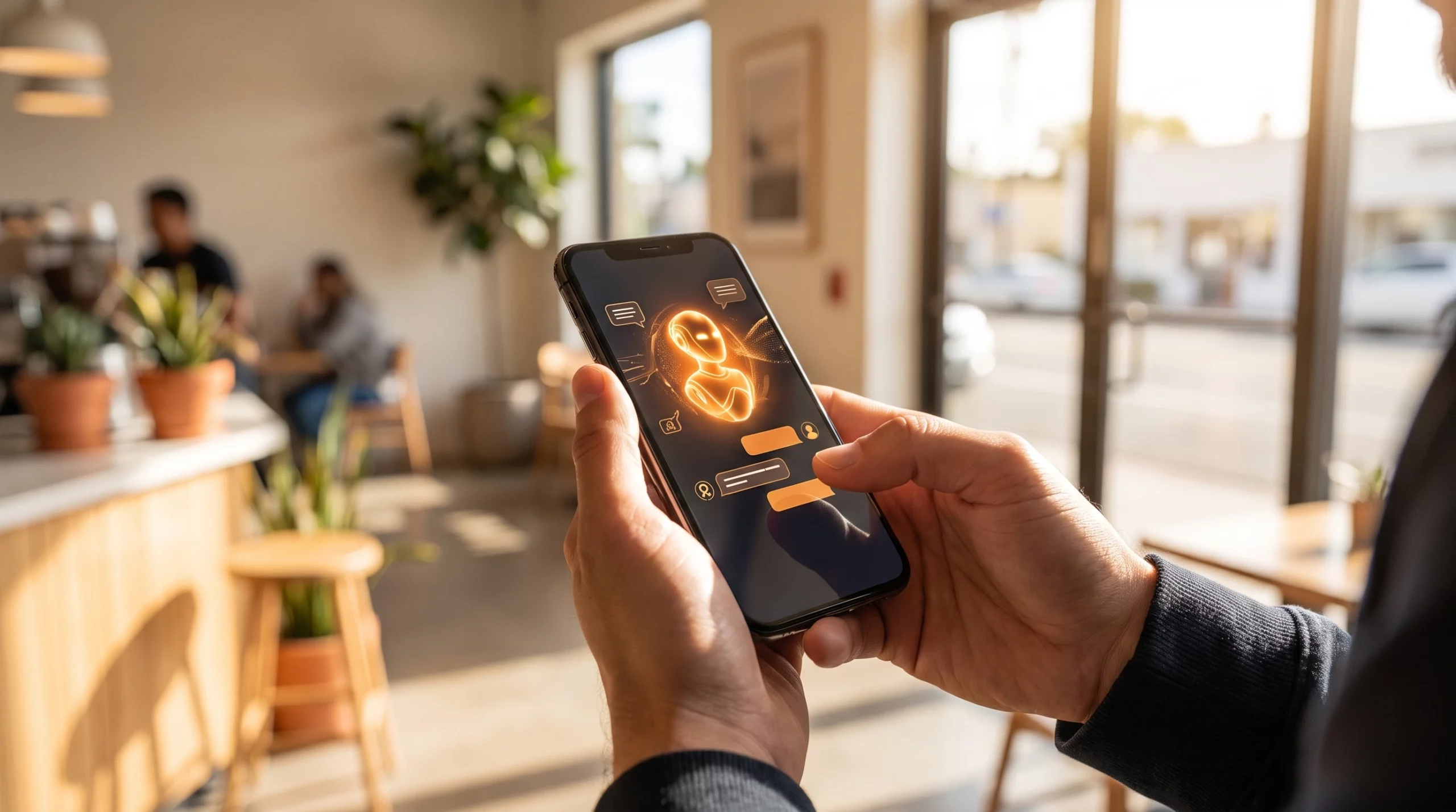 Close-up of a customer chatting with an AI assistant widget on a smartphone screen inside a bright Southern California coffee shop, shallow depth o...