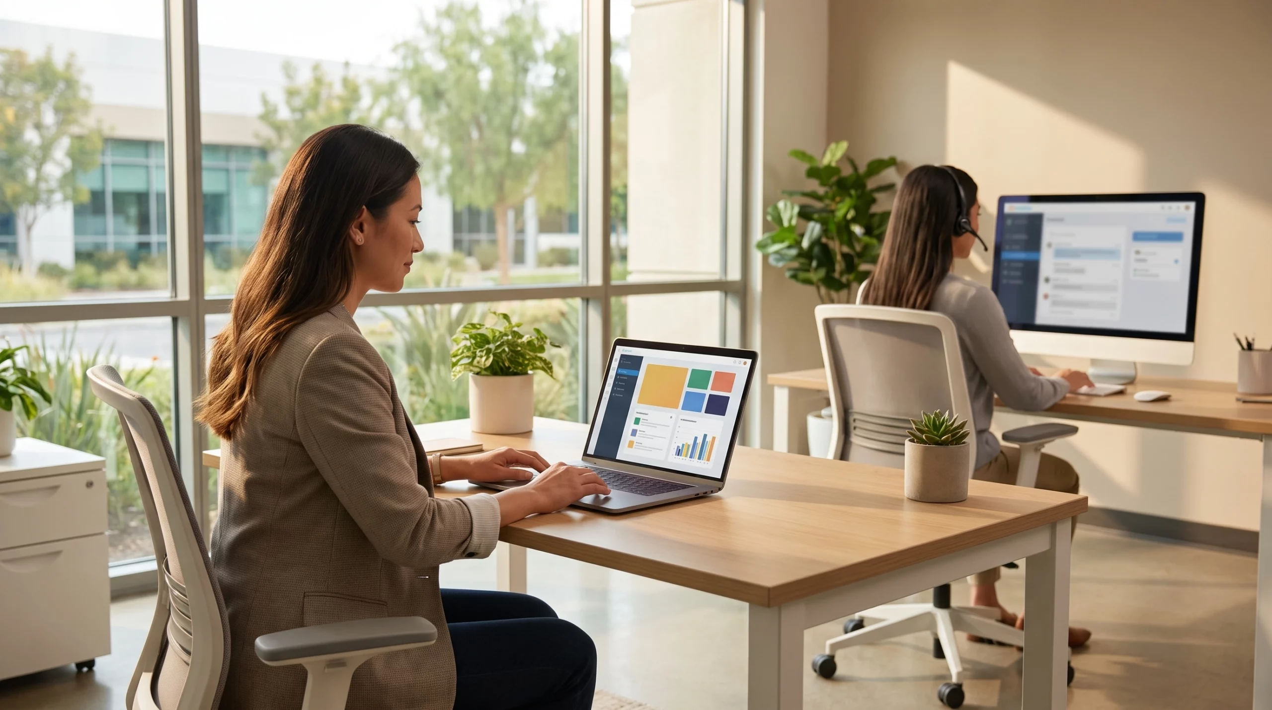 Small business owner in a modern Irvine office reviewing a chatbot dashboard on a laptop while a customer service rep works nearby, warm natural li...