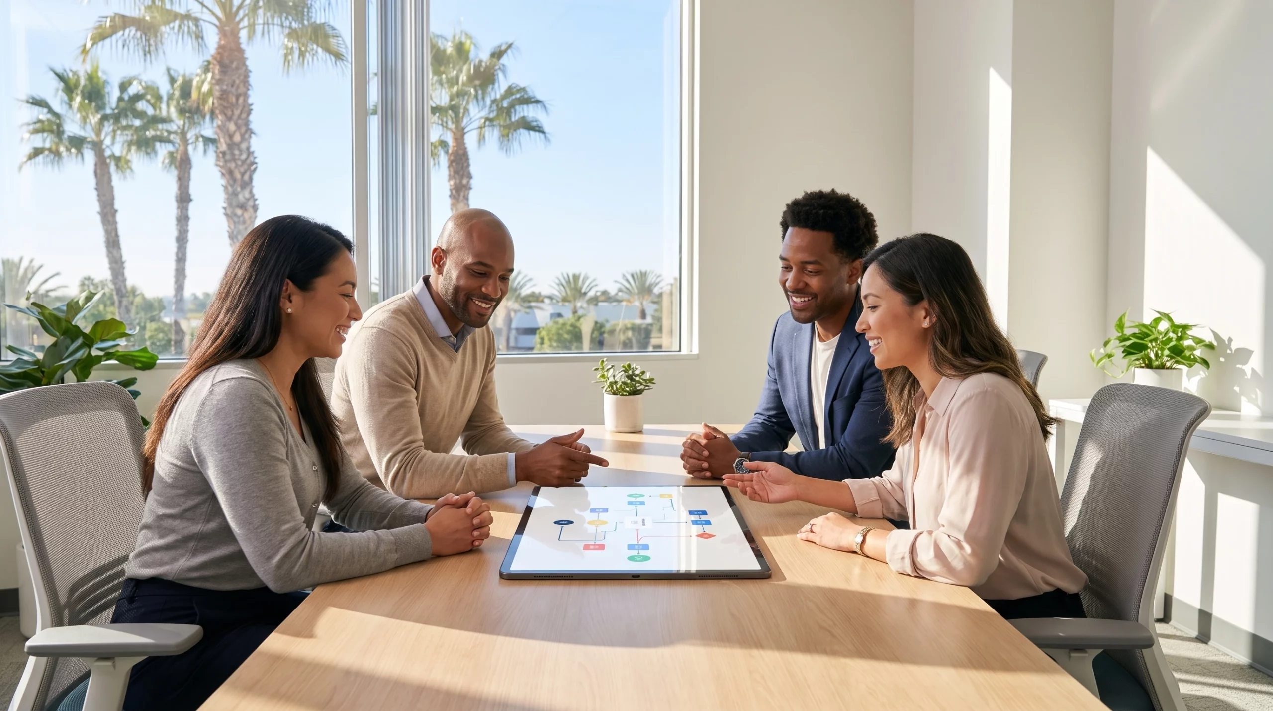 Small business team in Irvine California meeting around a table reviewing a workflow automation diagram on a tablet, bright modern office with palm...