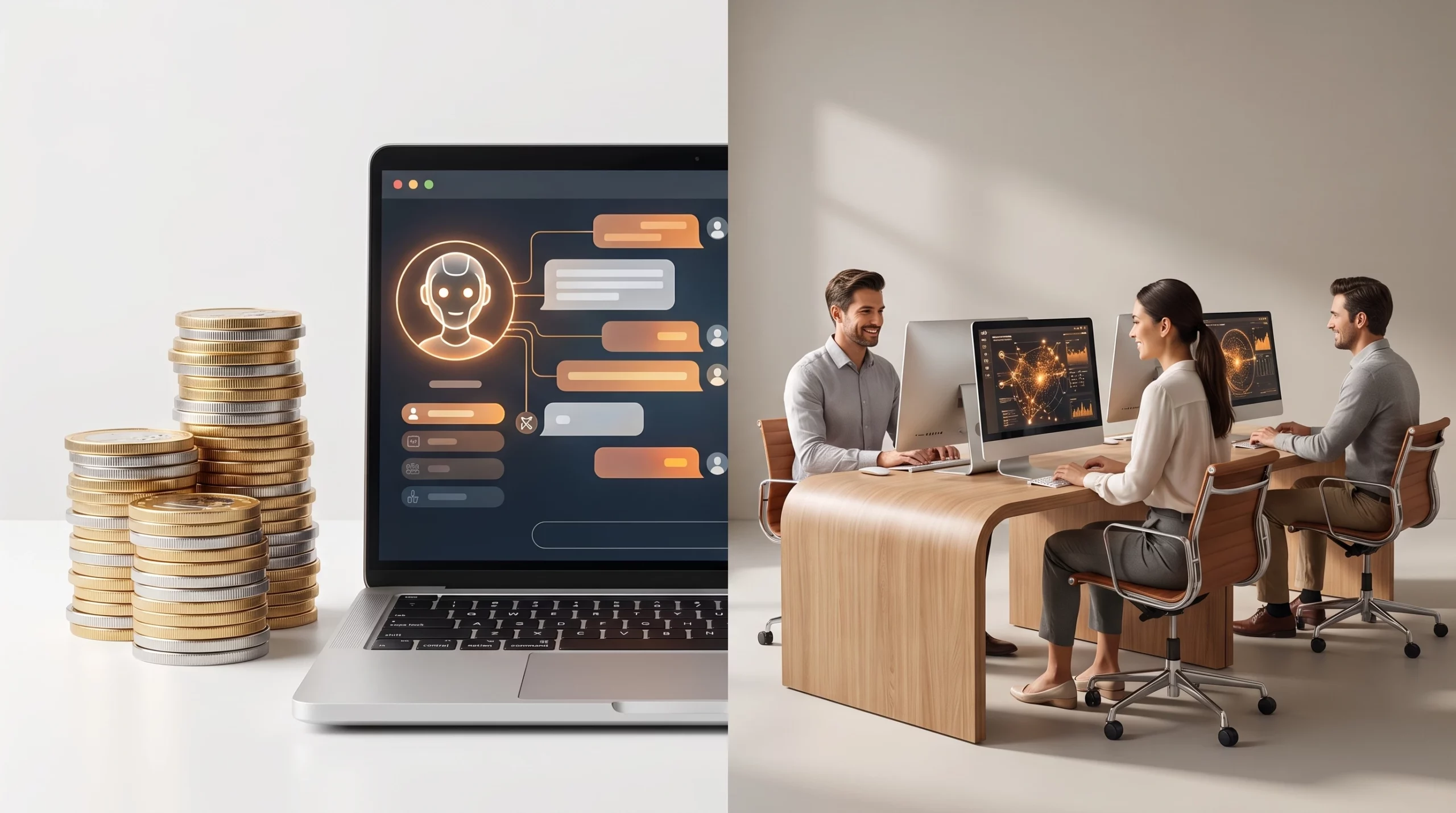 Split-scene infographic style photo showing a stack of coins next to a laptop with a chatbot interface on one side and a small customer service tea...