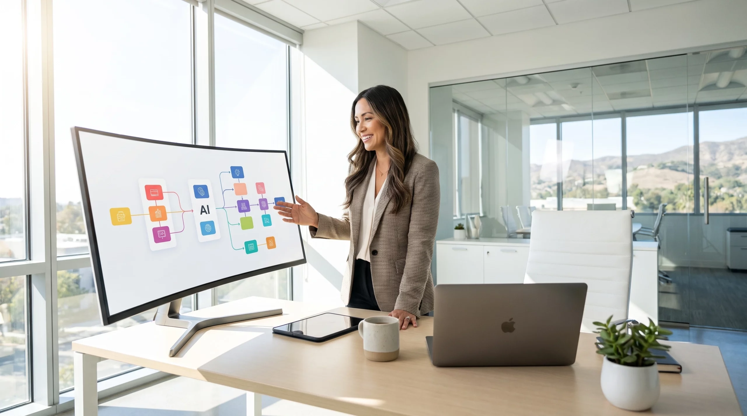 Small business owner reviewing AI strategy consulting roadmap in Irvine Orange County office