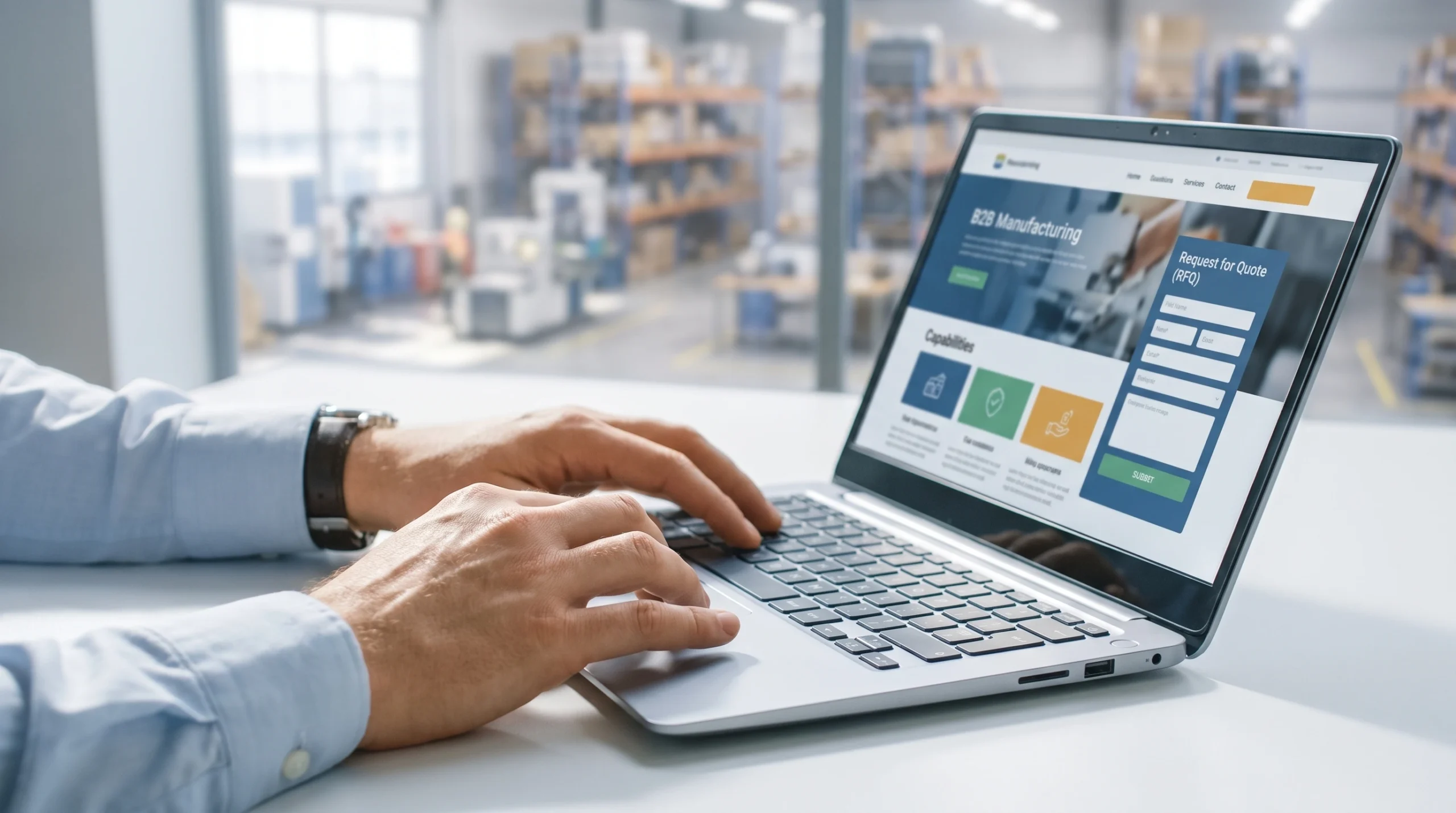procurement manager reviewing a manufacturing website design agency site