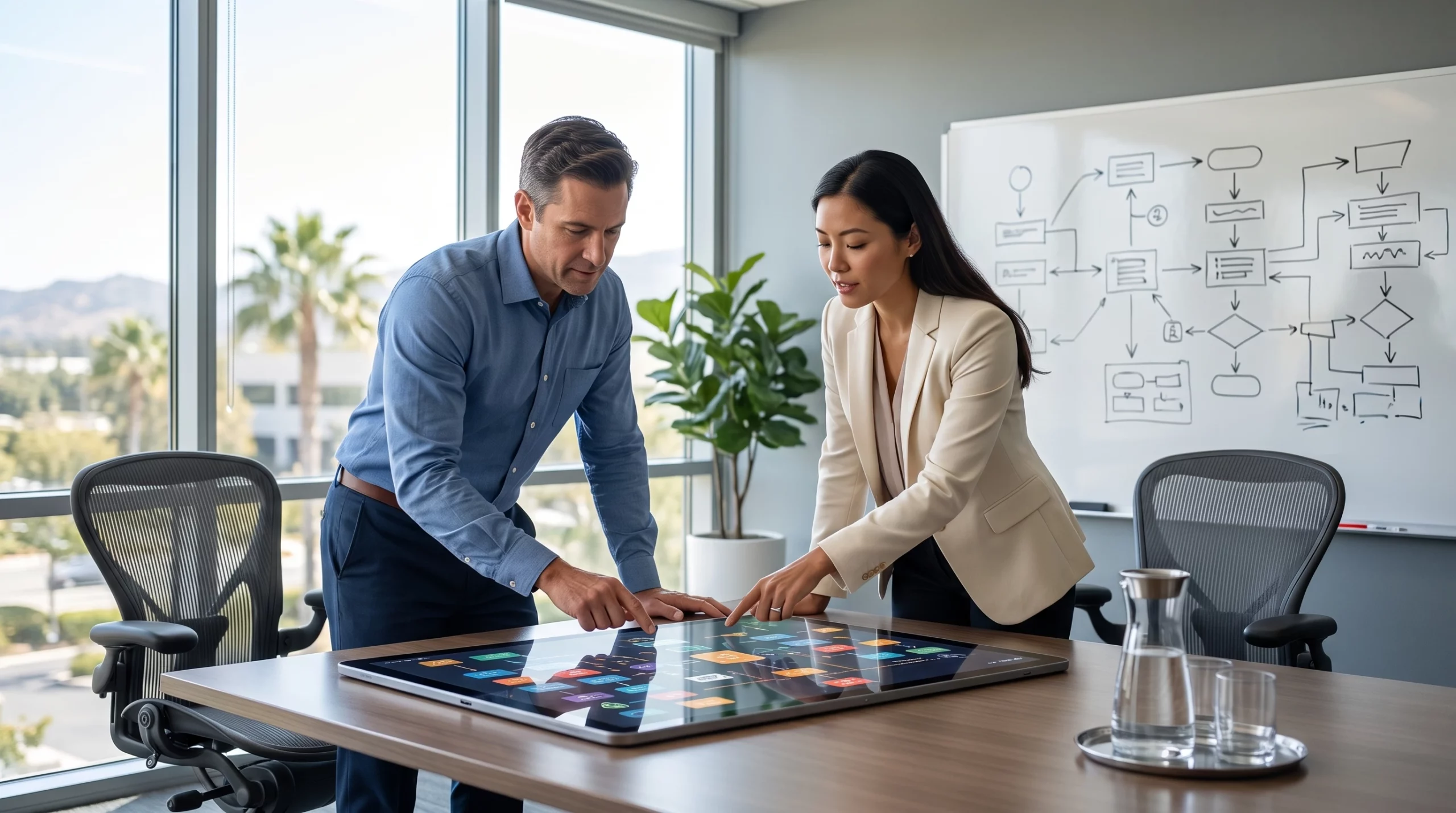 small business owner reviewing ai implementation roadmap with consultant in Irvine California