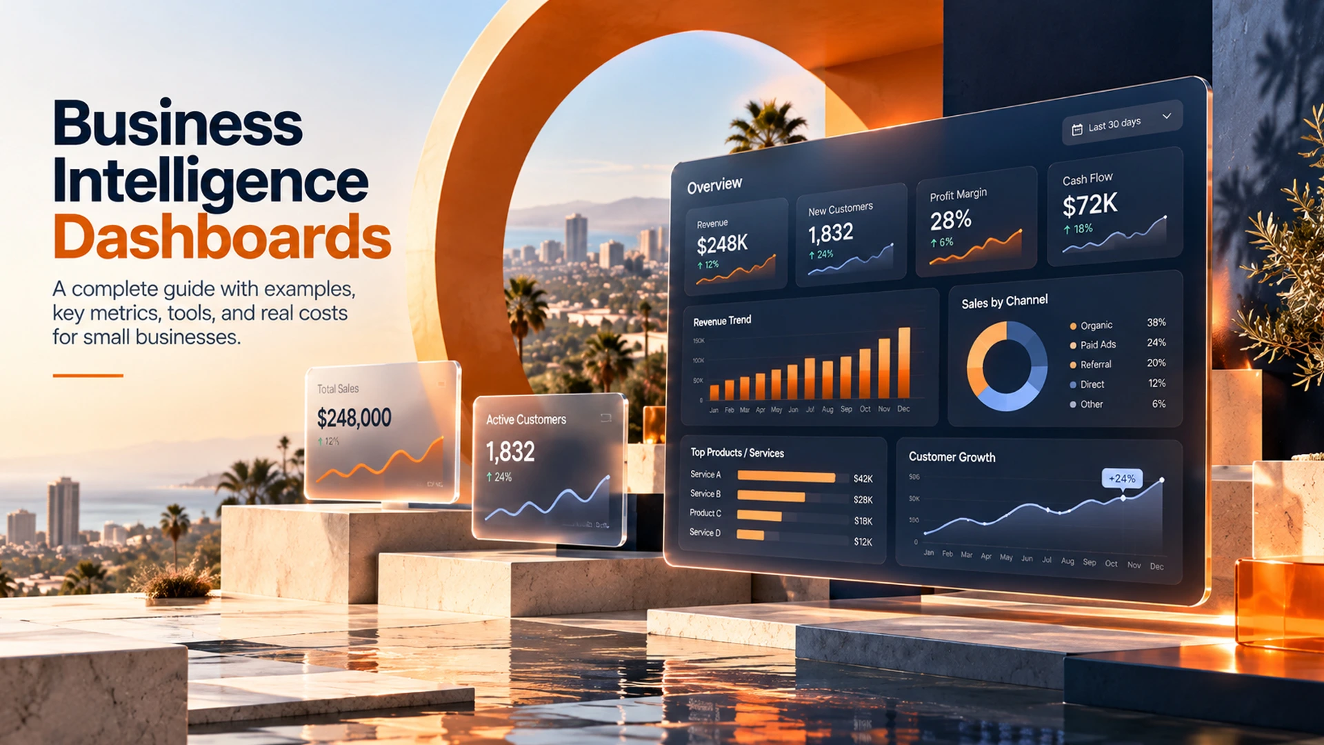 business intelligence dashboard small business owner reviewing KPIs on screen