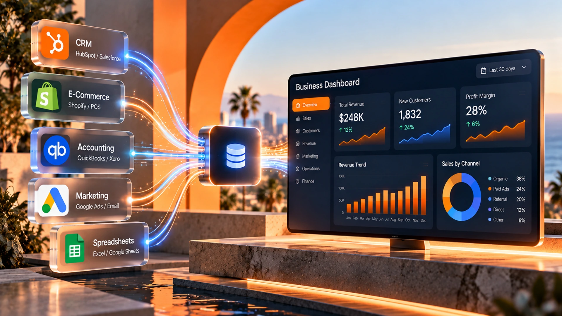 data integration connecting business sources to a BI dashboard