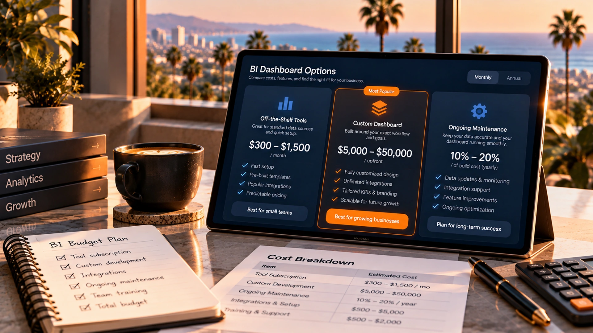 small business owner reviewing bi dashboard cost and pricing options