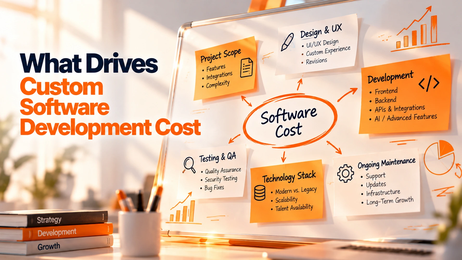 whiteboard showing software development cost breakdown factors