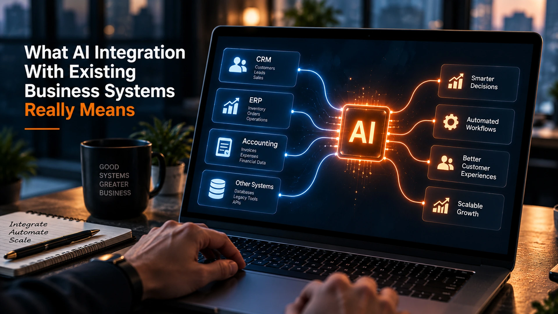 Diagram style image of AI integration connecting CRM and ERP systems