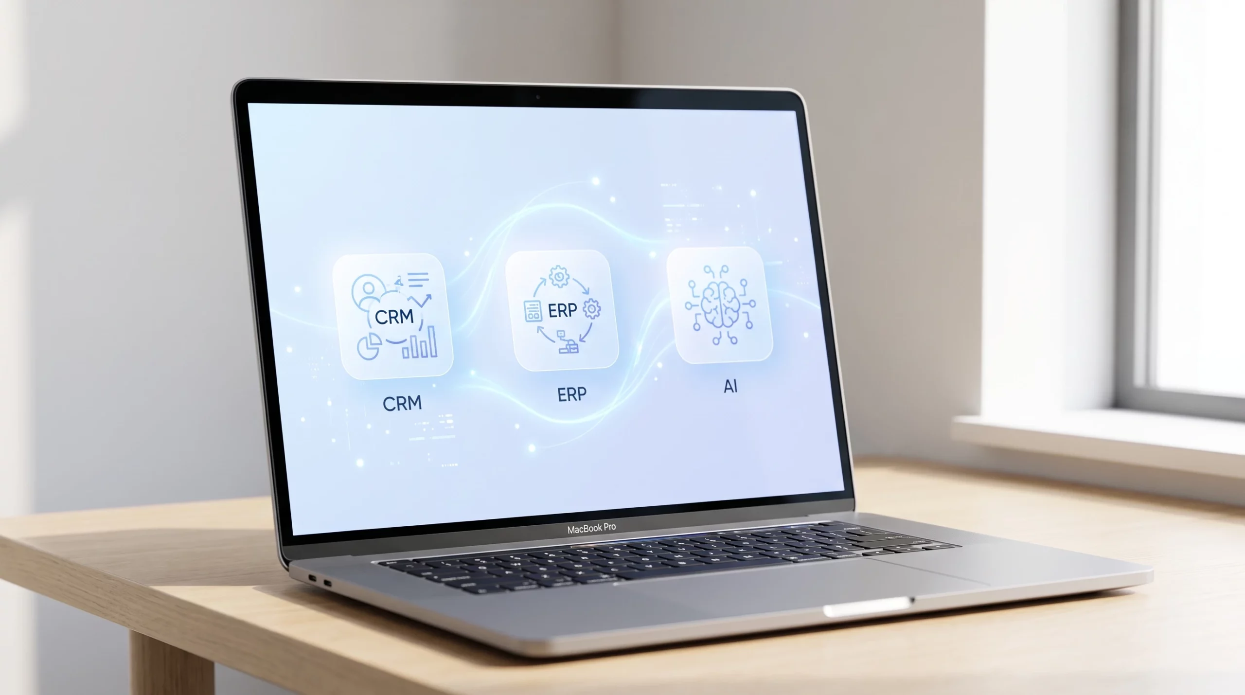 Diagram style image of AI integration connecting CRM and ERP systems