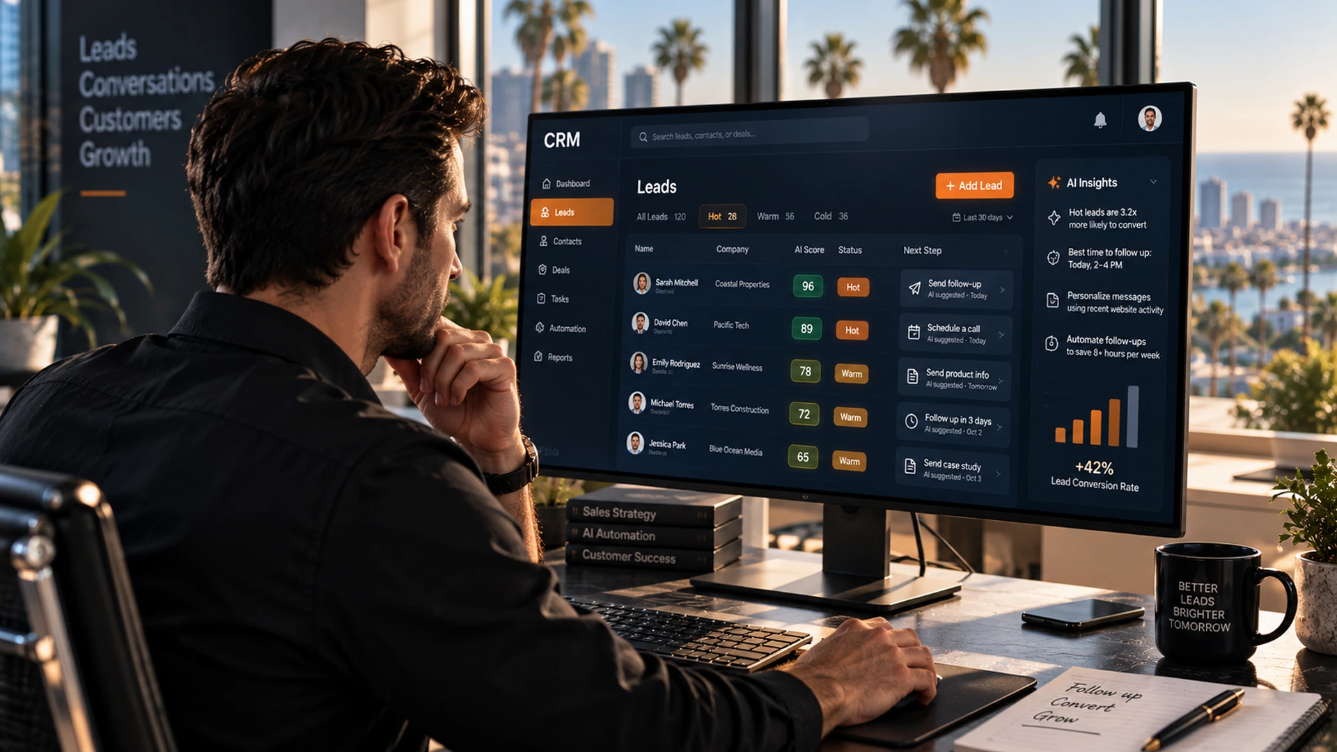 Sales manager using ai crm integration for lead scoring and follow-up