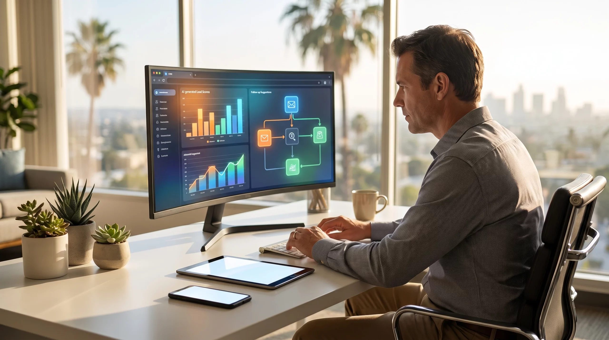 Sales manager using ai crm integration for lead scoring and follow-up