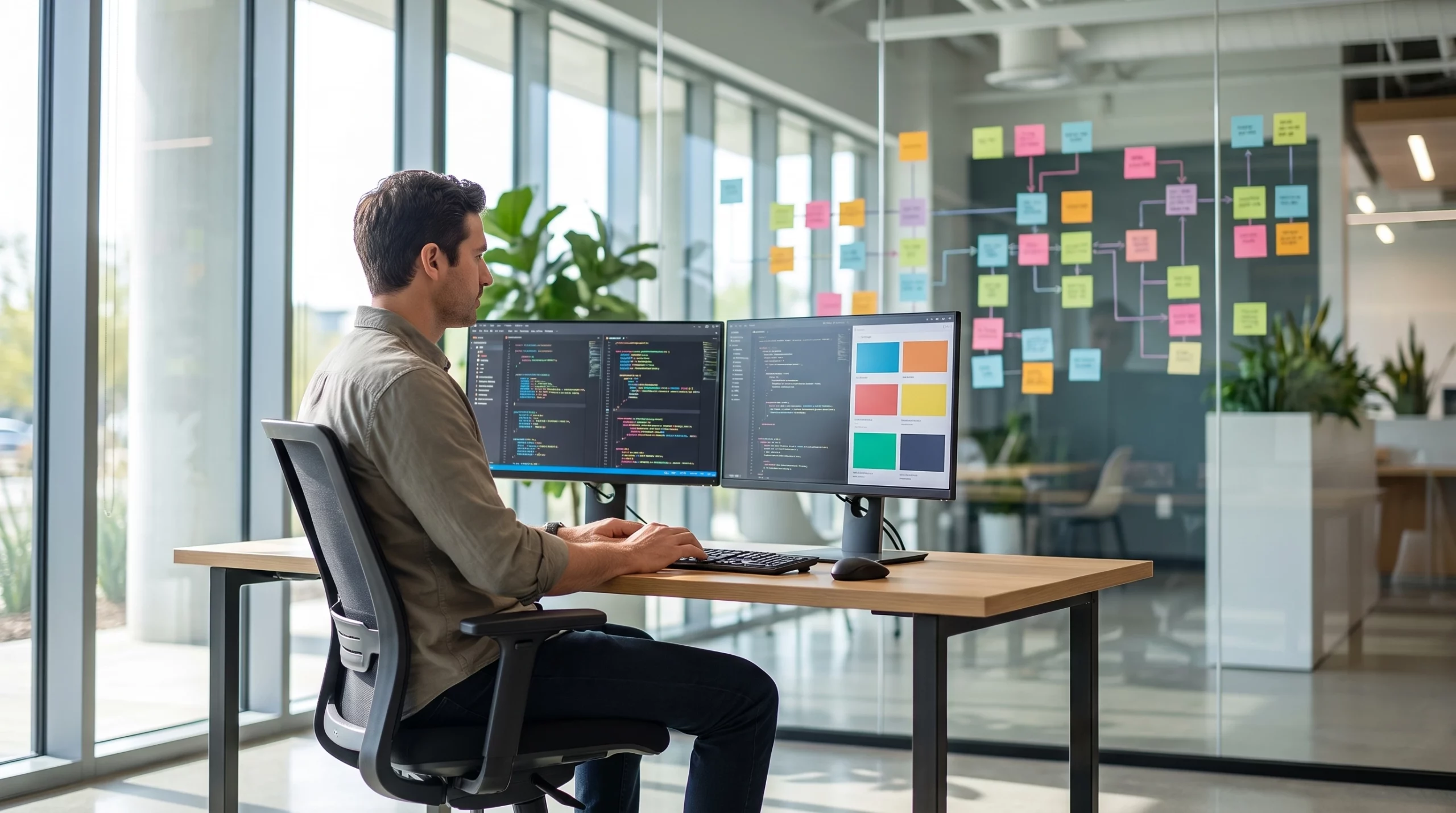 Custom software developer coding a business application in an Orange County co-working space
