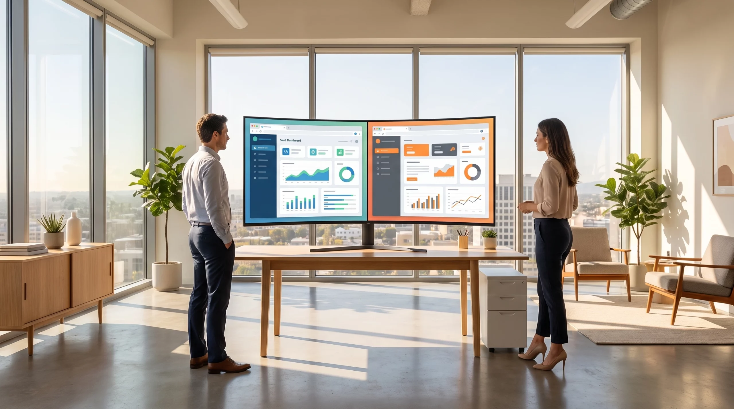 Orange County business team comparing custom software solution vs SaaS on a monitor in Irvine office