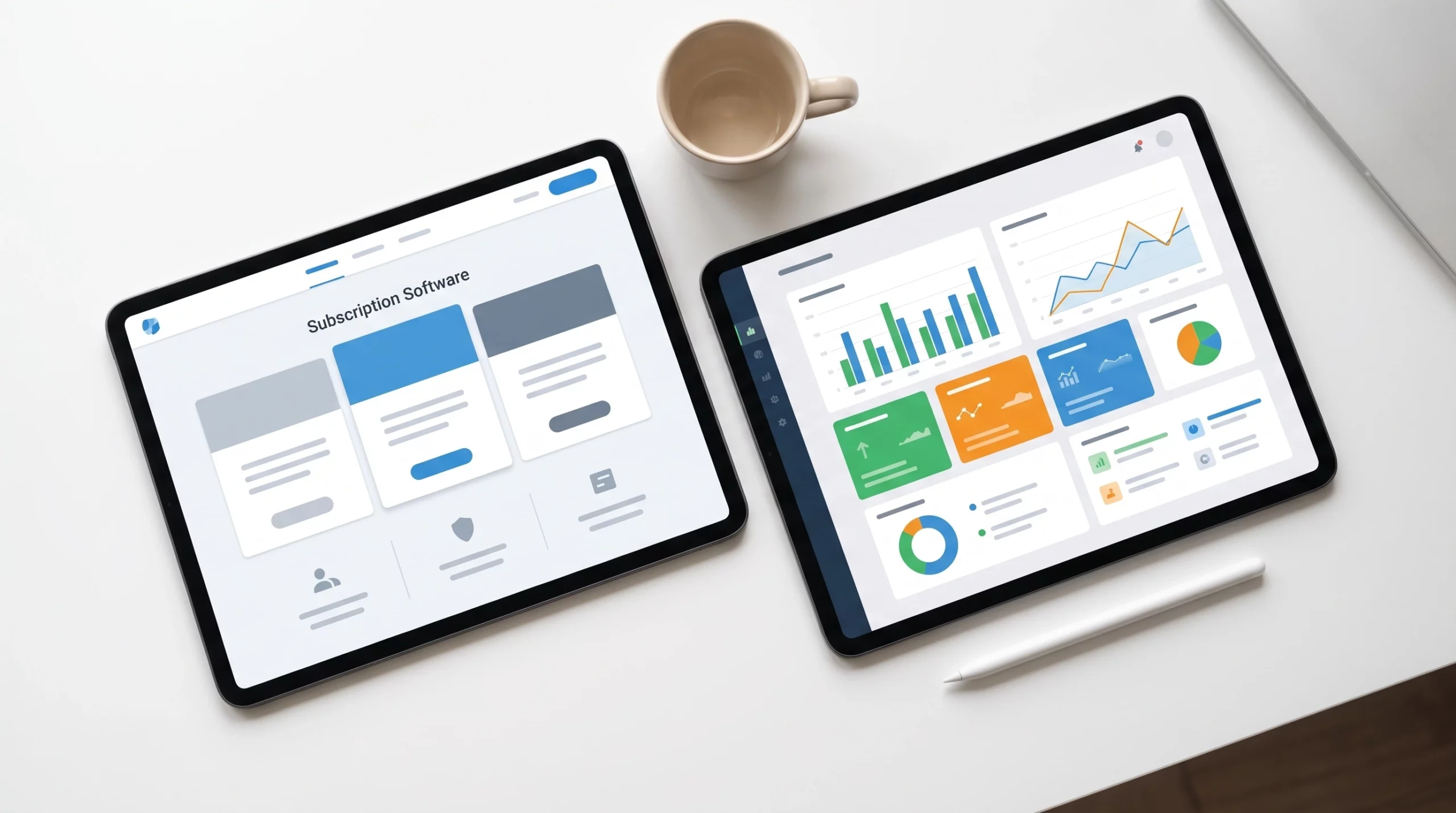 Side-by-side tablet comparison of custom software solution and SaaS platform for small businesses