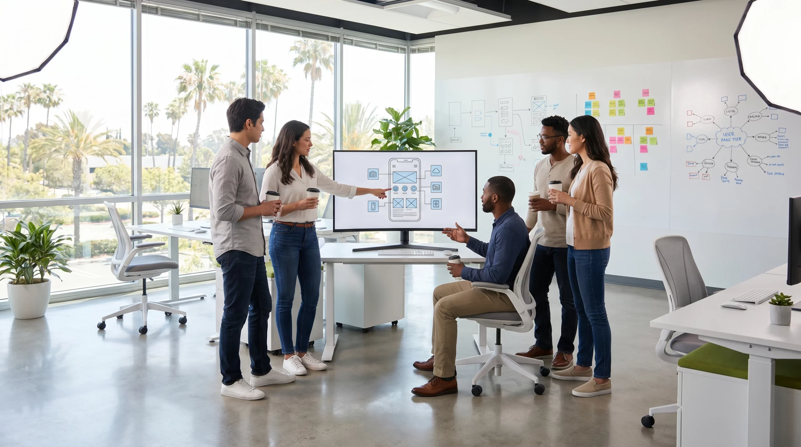App developers in Orange County collaborating on mobile app wireframe in a modern tech office
