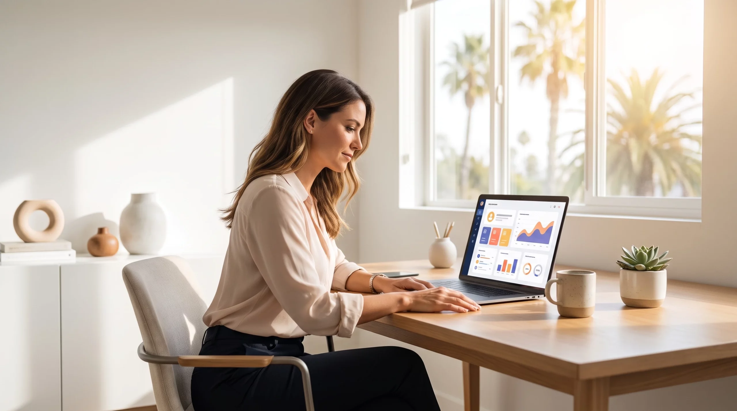 AI chatbots for small business owner reviewing dashboard in Orange County office