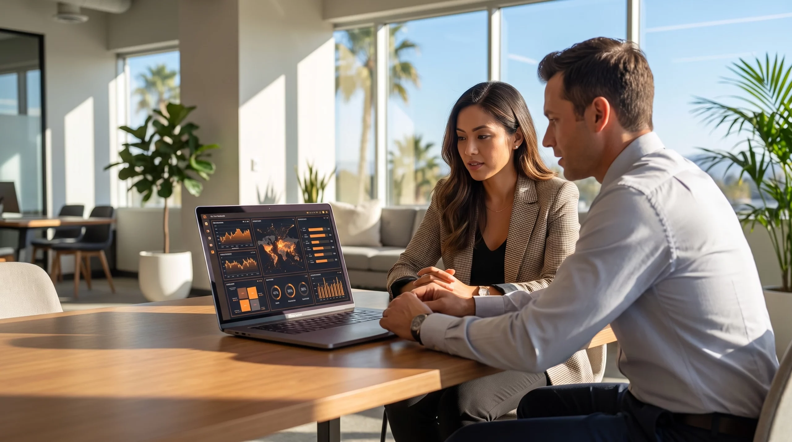 Orange County business owner reviewing AI solutions for business on a laptop in an Irvine office