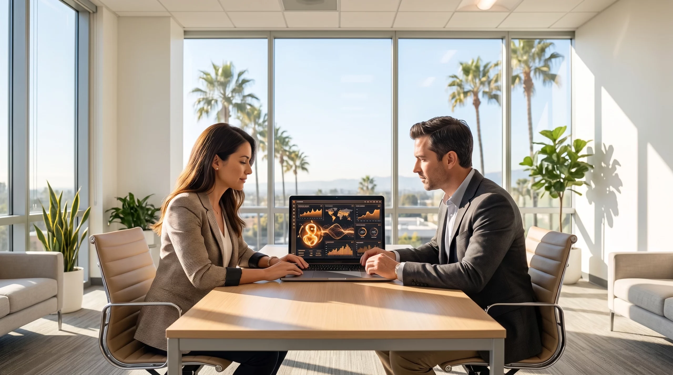 Orange County business owner reviewing AI solutions for business on a laptop in an Irvine office