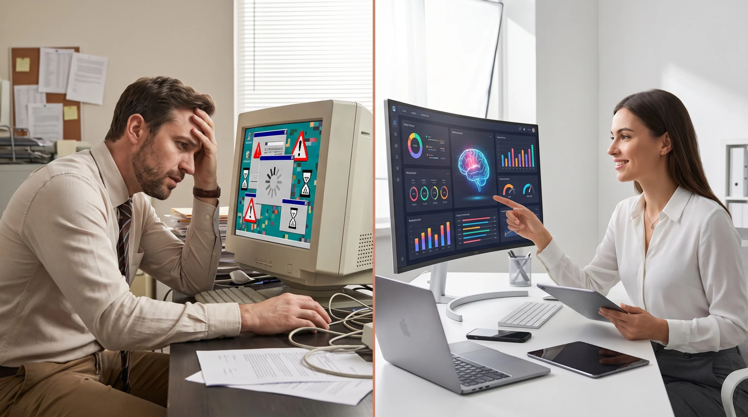Comparison of outdated legacy CRM system versus modern upgraded CRM dashboard with AI analytics