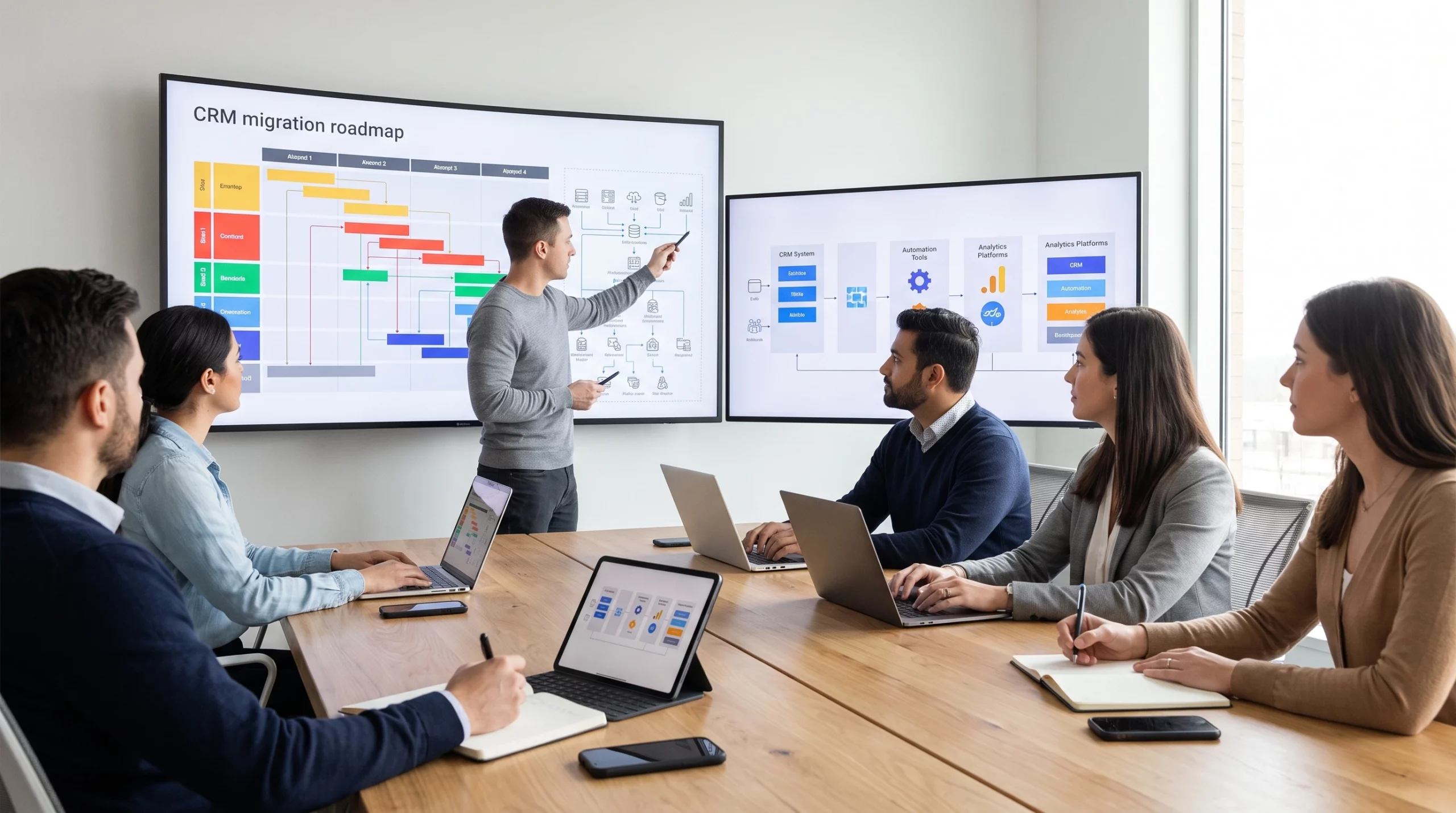 Software development agency team evaluating CRM migration plan with AI integration architecture diagram