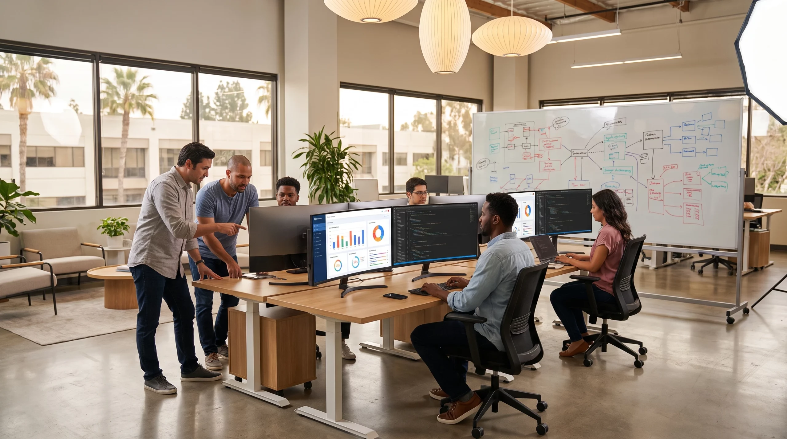 Software engineer company team collaborating on legacy CRM upgrade project in Orange County office
