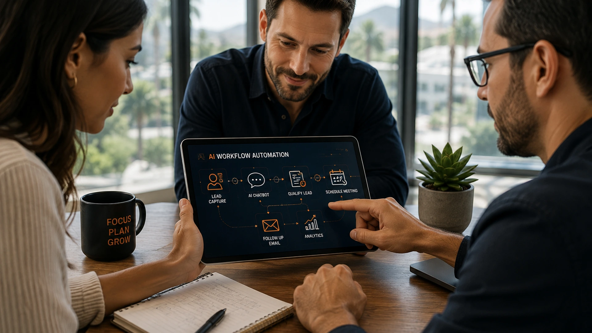 team reviewing ai automation for small businesses workflow diagram