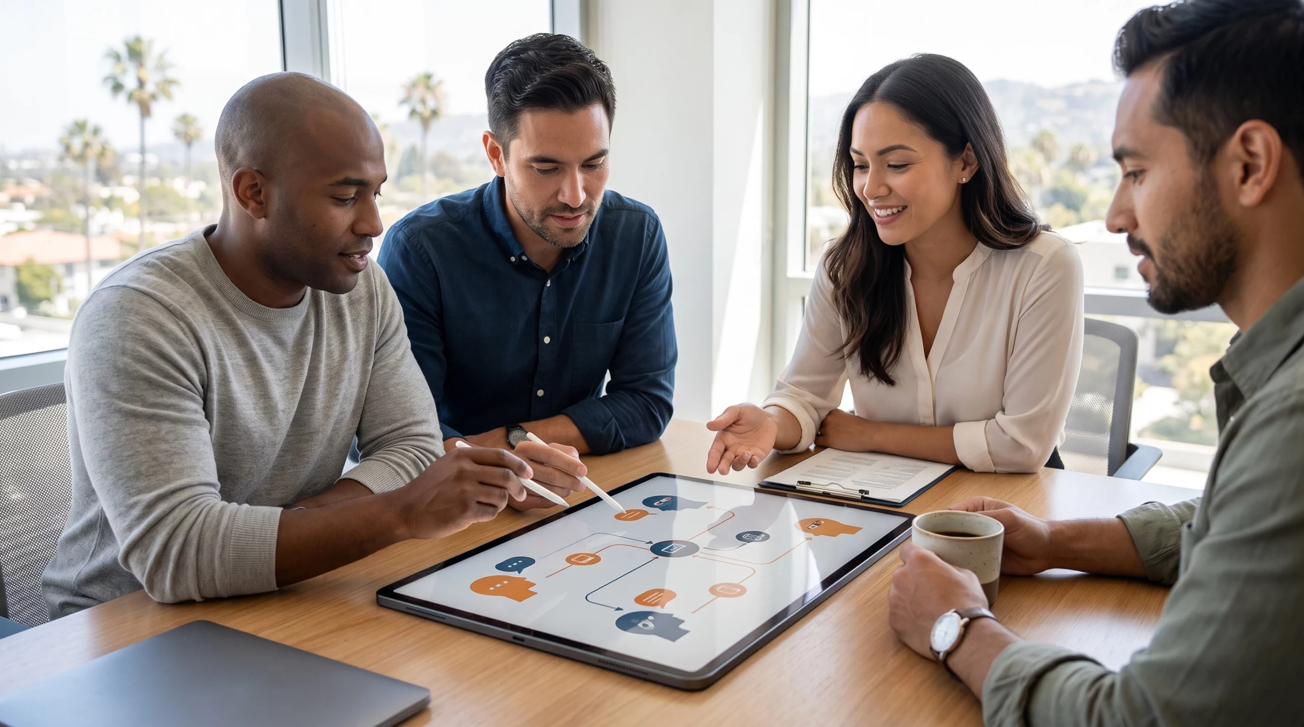 team reviewing ai automation for small businesses workflow diagram