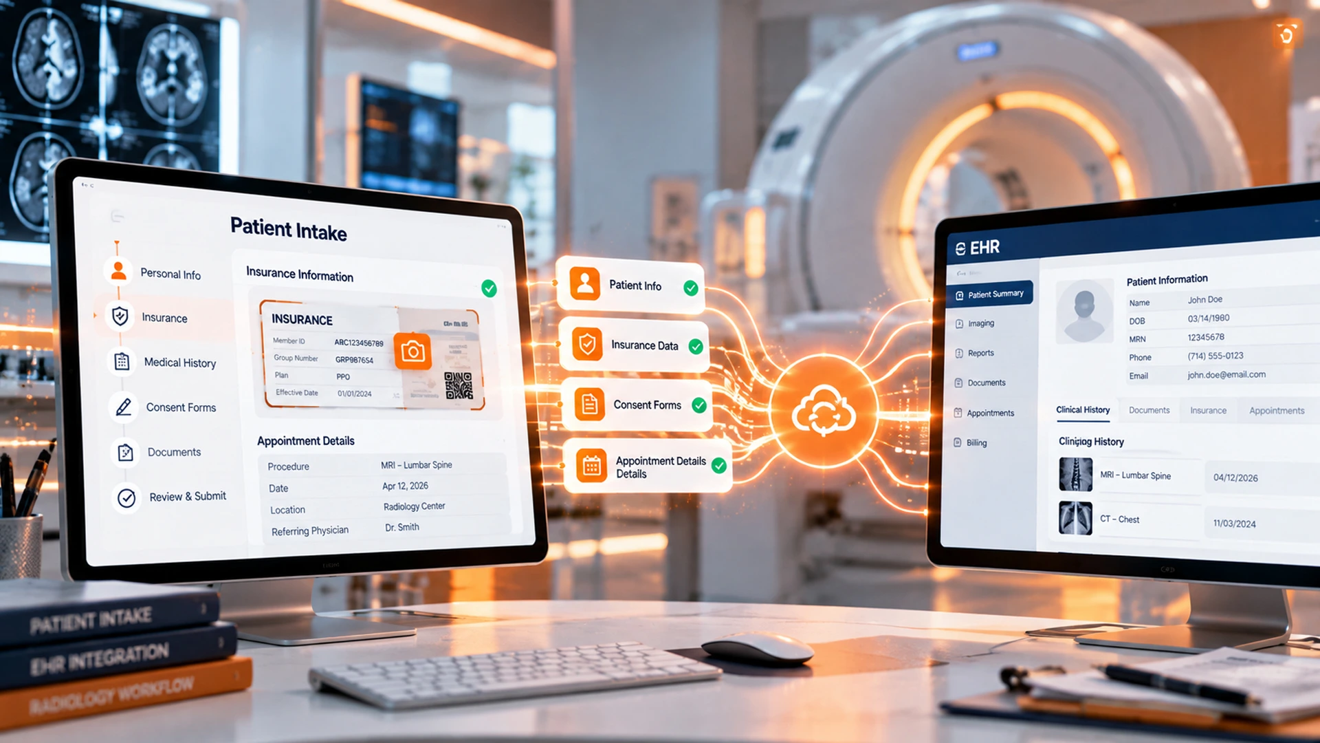 EHR integration workflow for intelligent intake in a radiology clinic