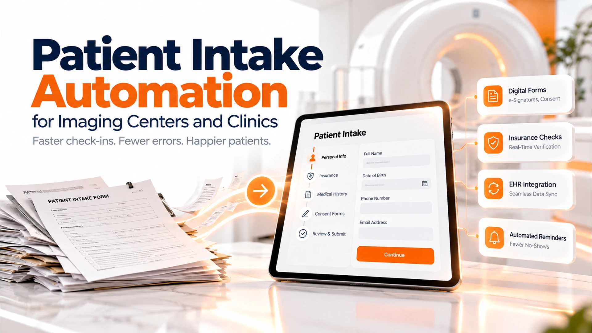 Patient intake automation kiosk at an Orange County imaging center front desk