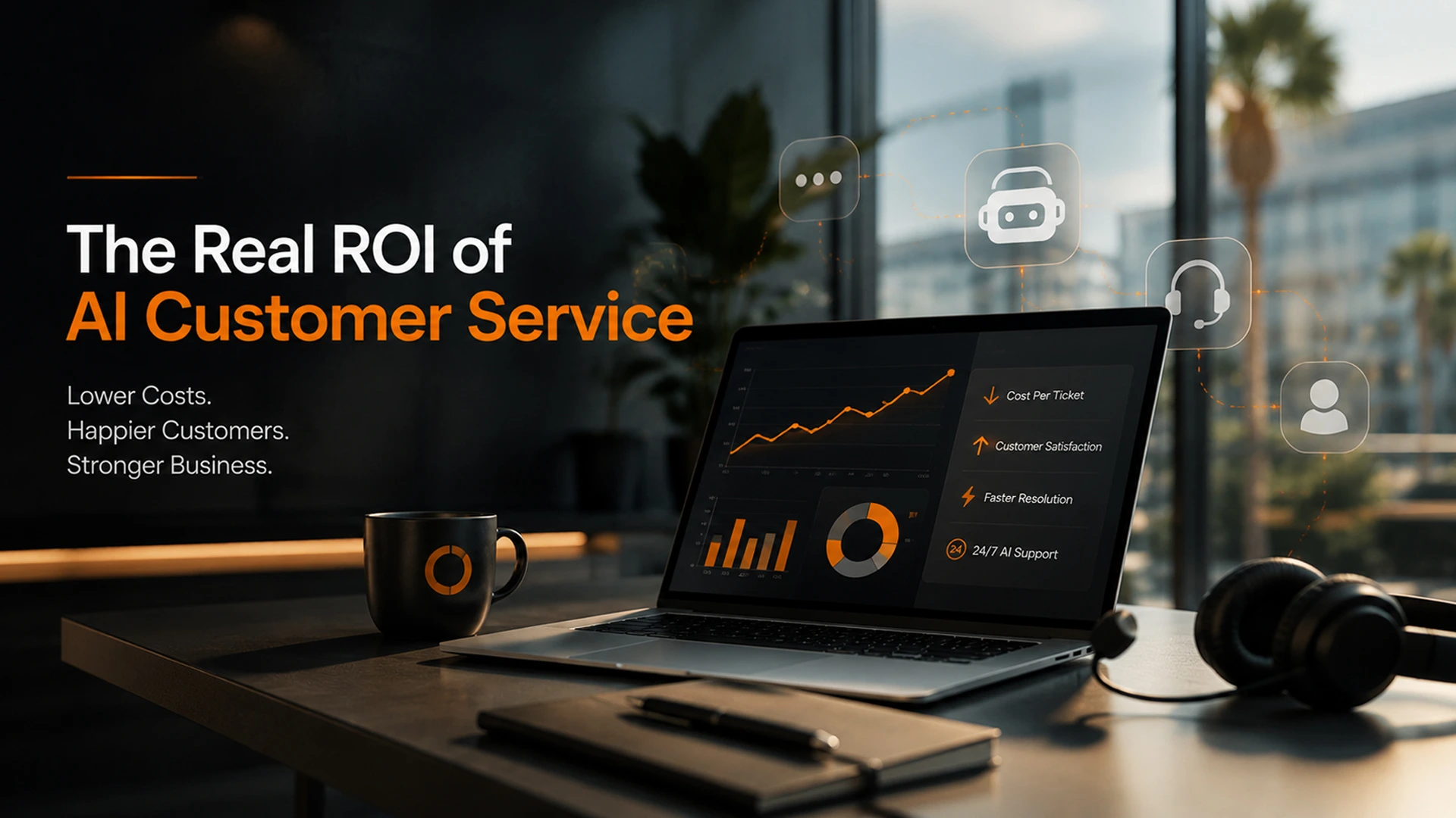 team reviewing ai customer service roi dashboard in office