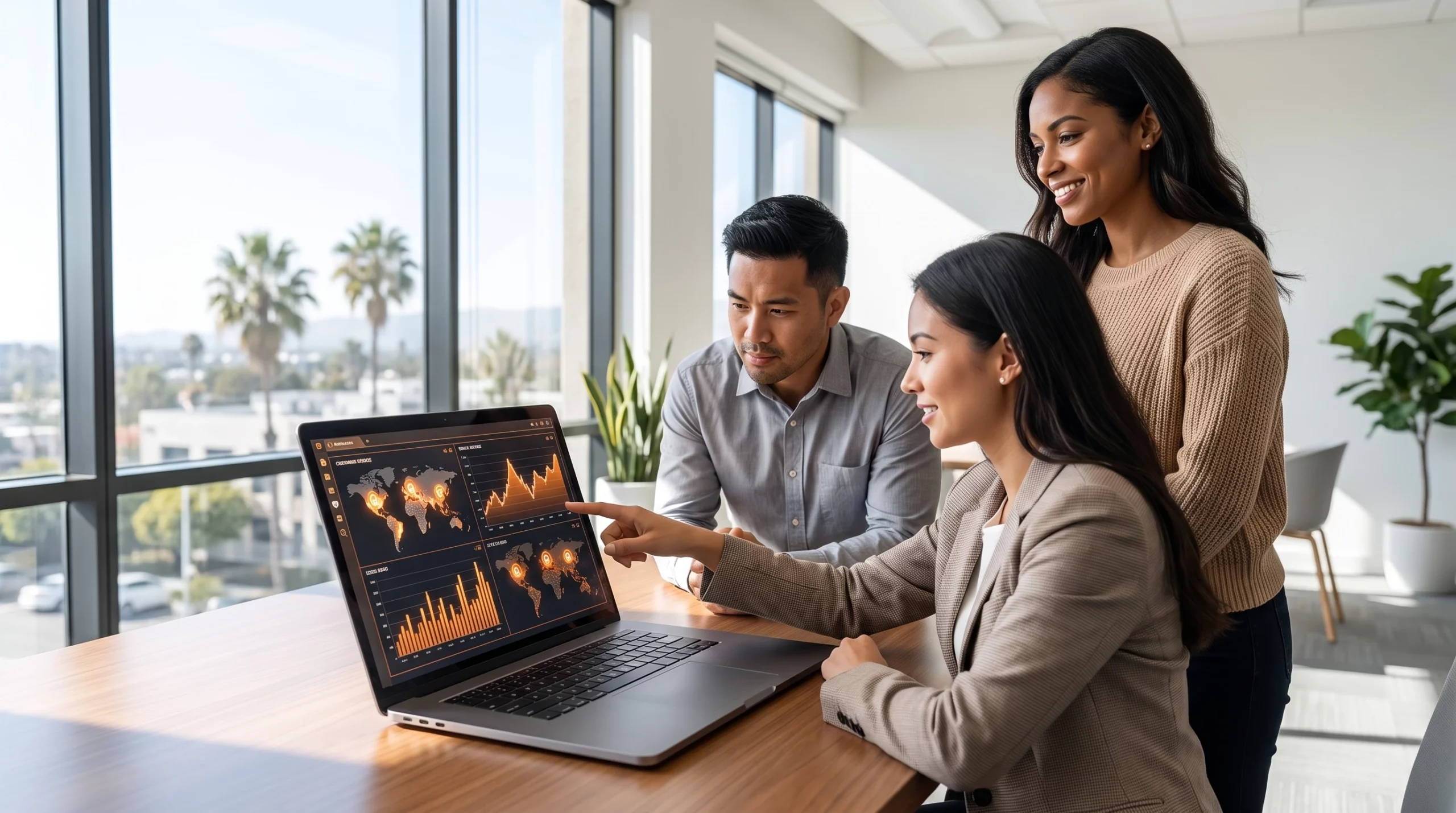 team reviewing ai customer service roi dashboard in office