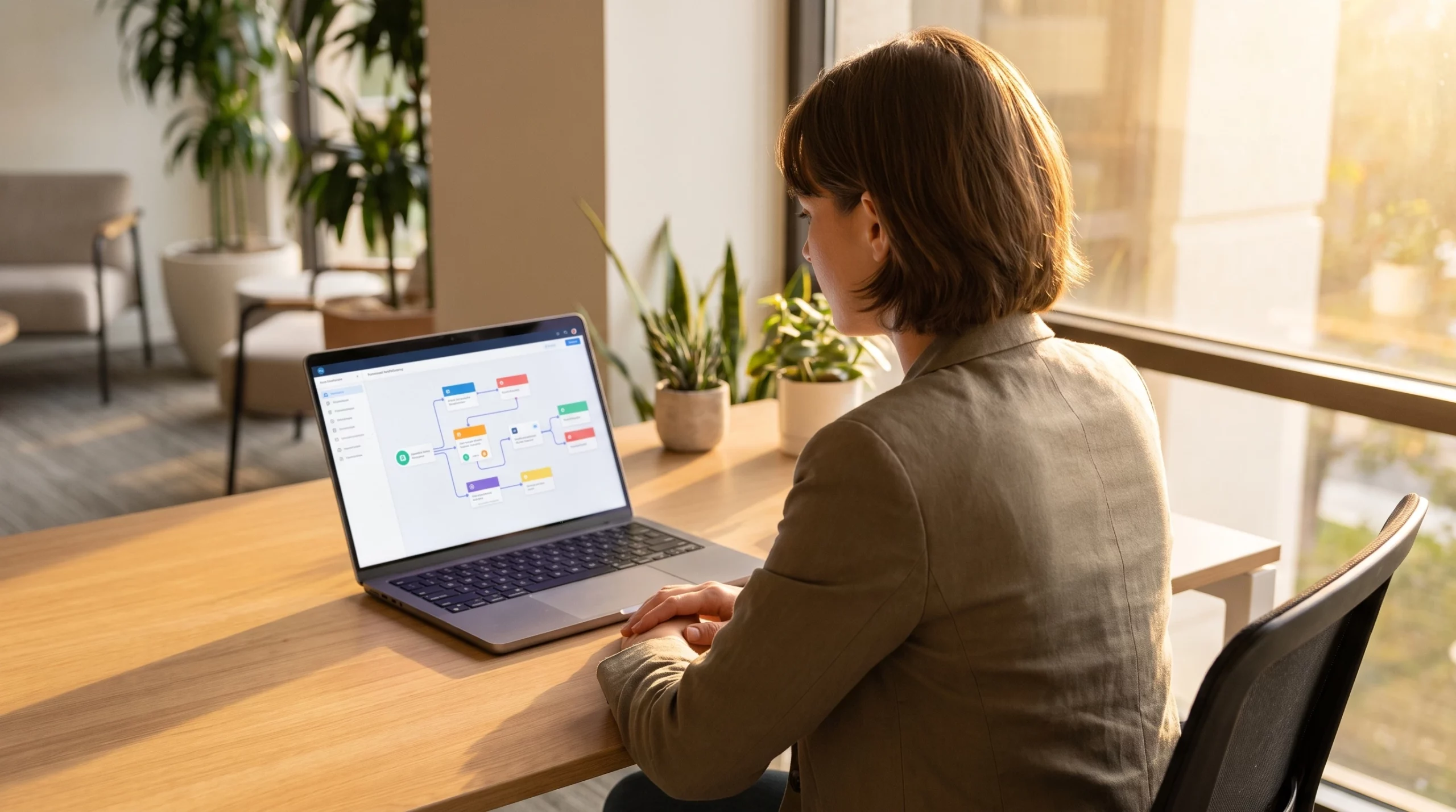 Irvine small business owner reviewing AI workflow automation dashboard in Orange County