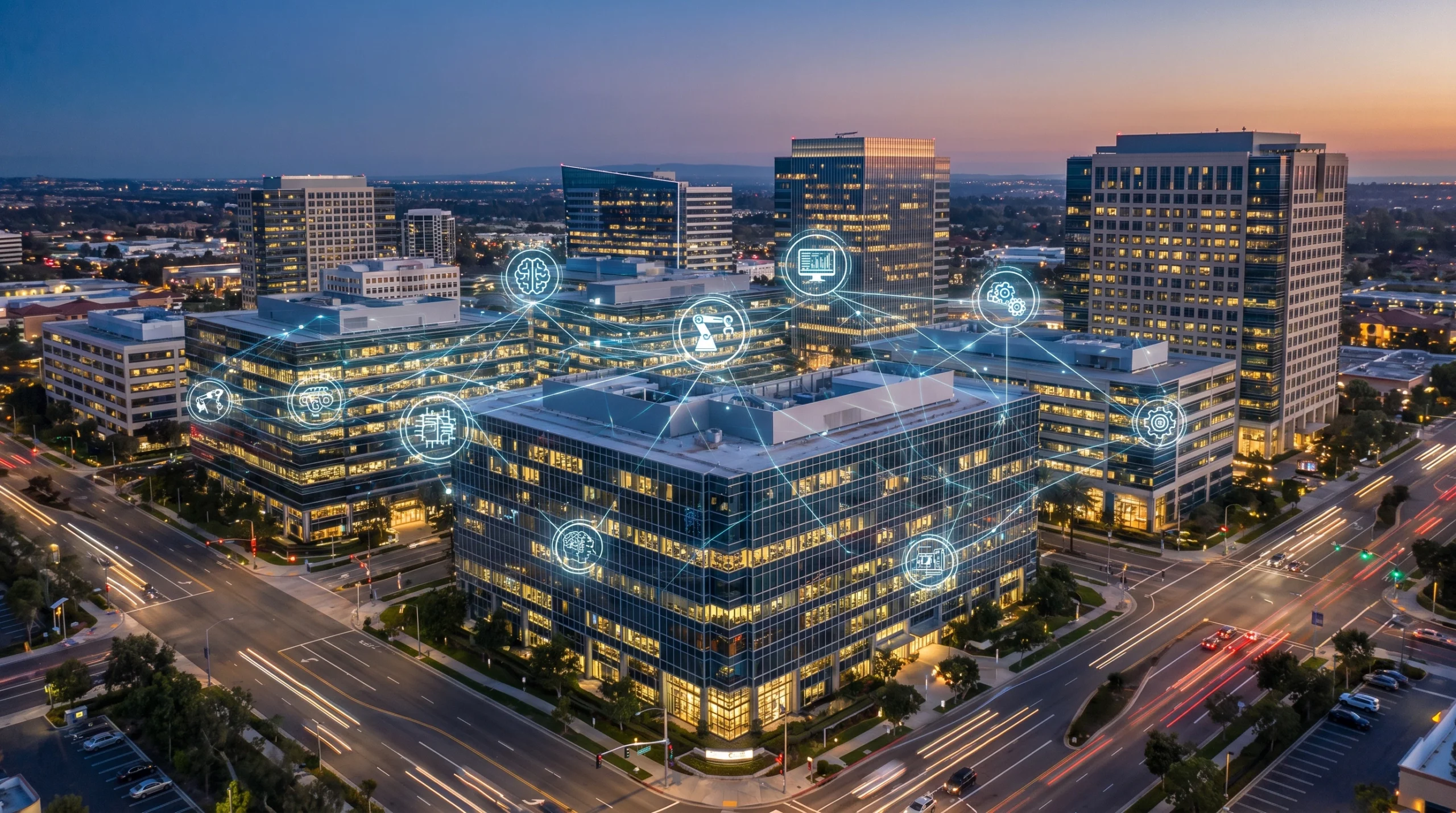 Irvine tech corridor office buildings representing software automation and AI innovation in Orange County