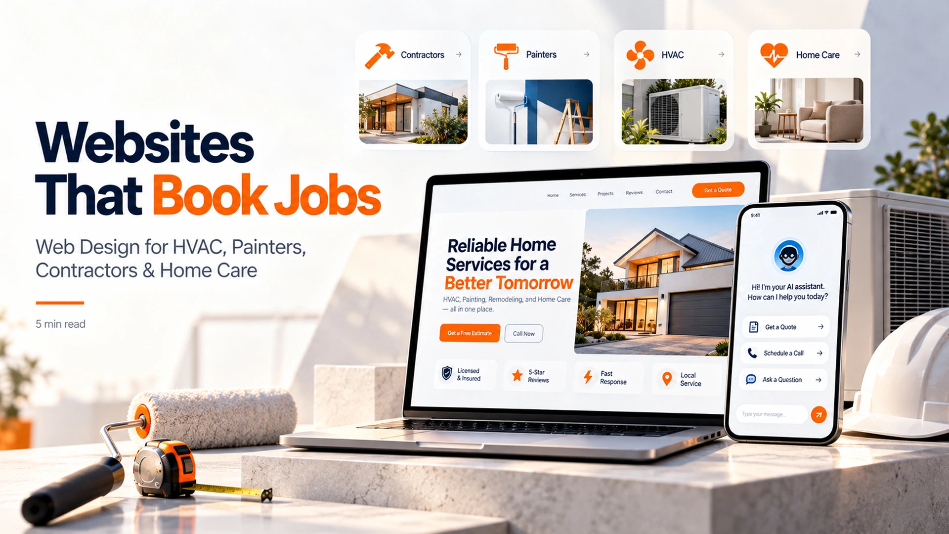 home services website design showing a contractor checking booked jobs on a tablet
