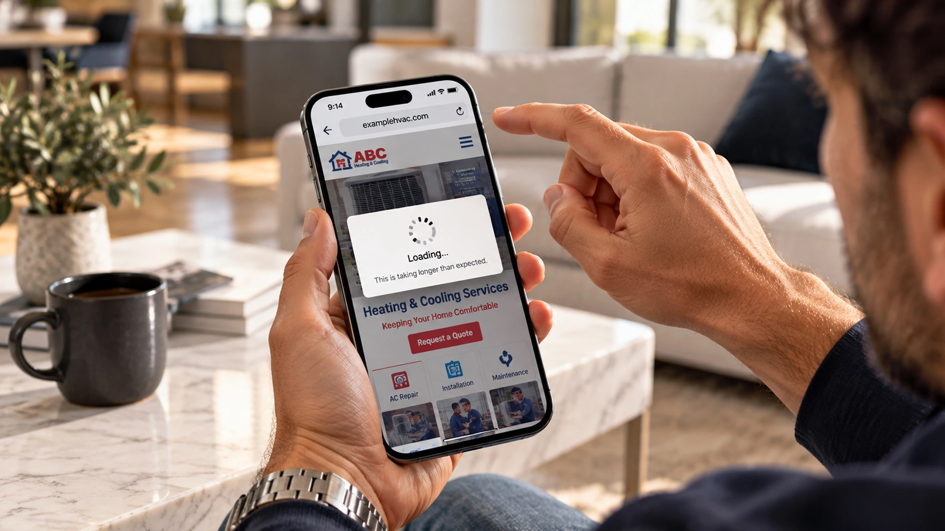 homeowner frustrated by a slow contractor website on mobile phone