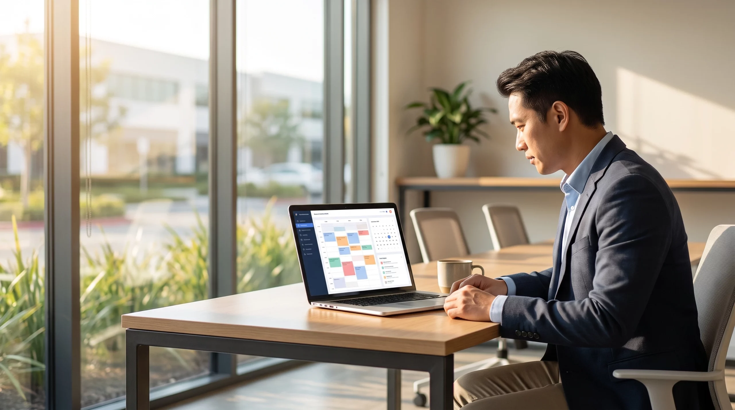 business owner reviewing AI appointment setting cost dashboard in Irvine office