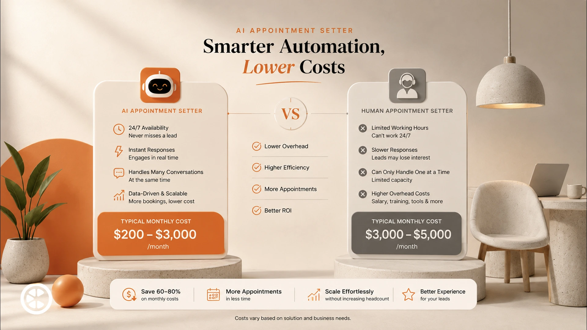 comparison of AI appointment setter and human appointment setter costs