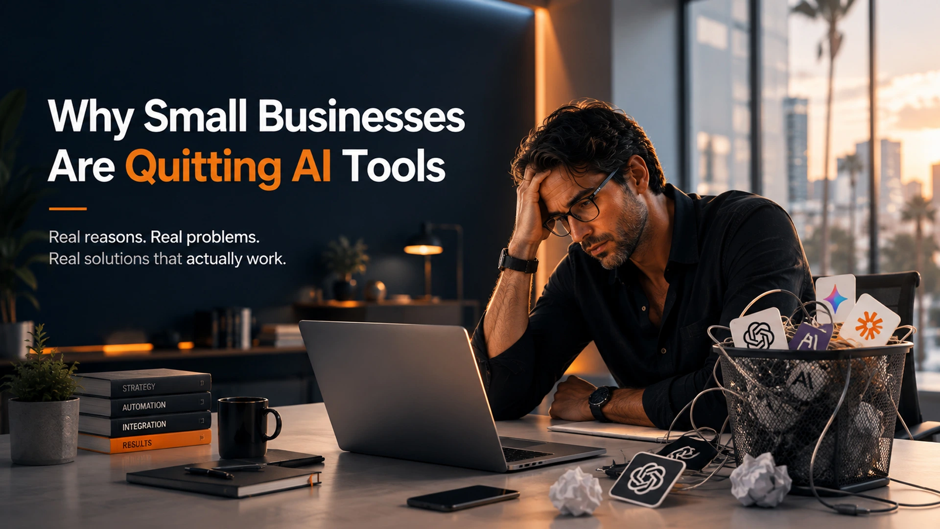 small business owner reviewing failed ai adoption small business tools on laptop