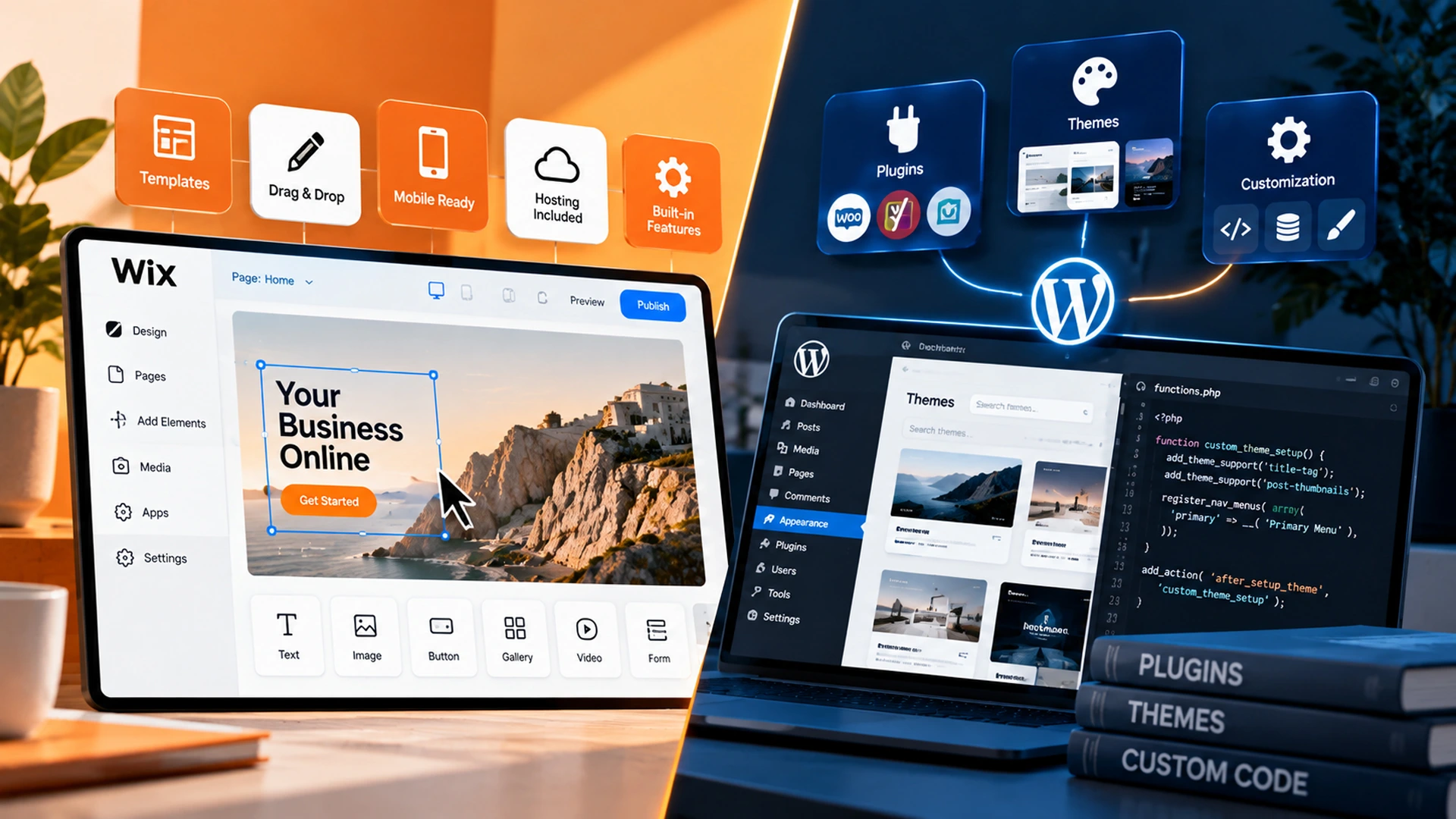 wix features compared to wordpress plugins and themes